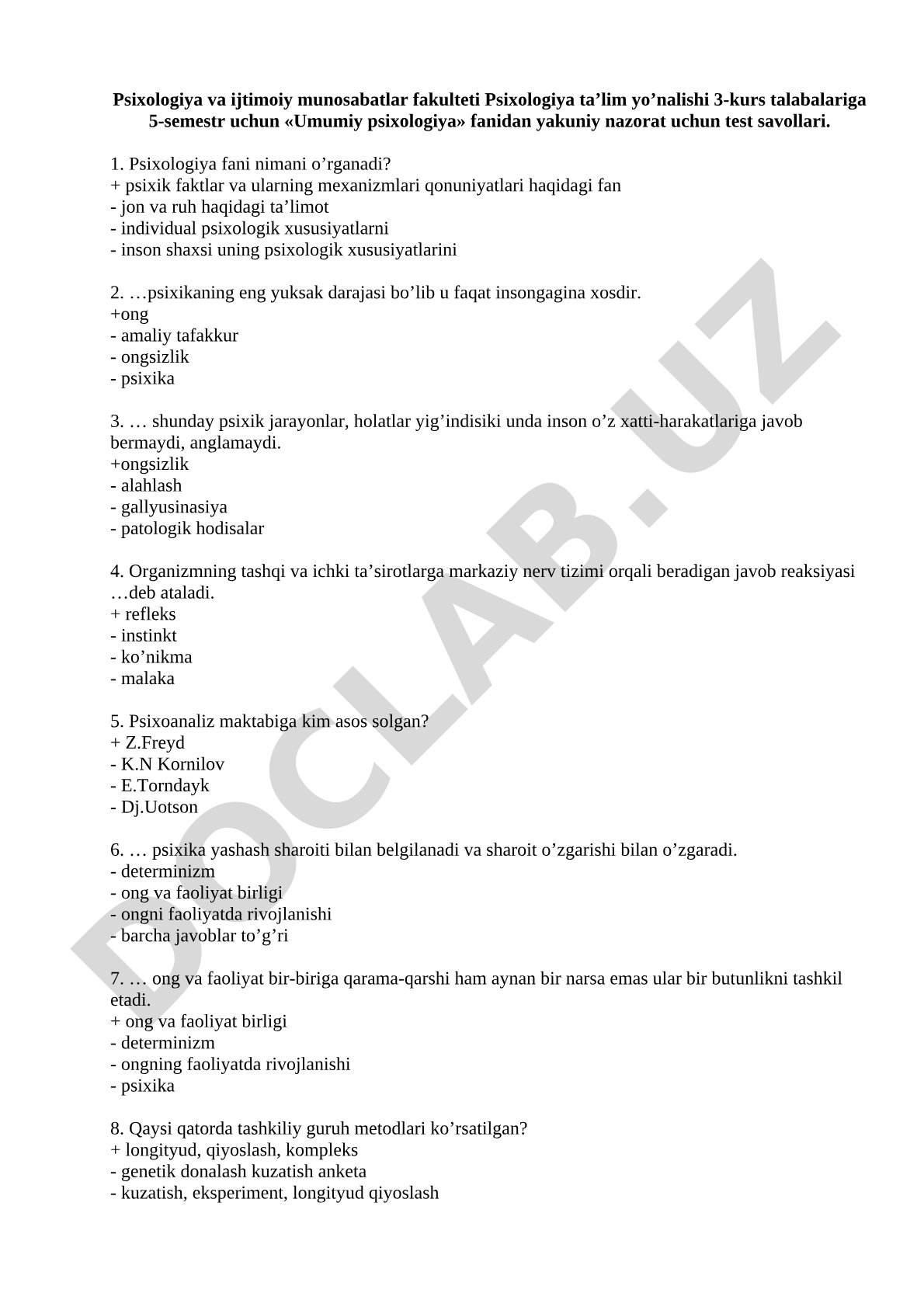 Umumiy psixologiya fanidan yakuniy nazorat test savollari