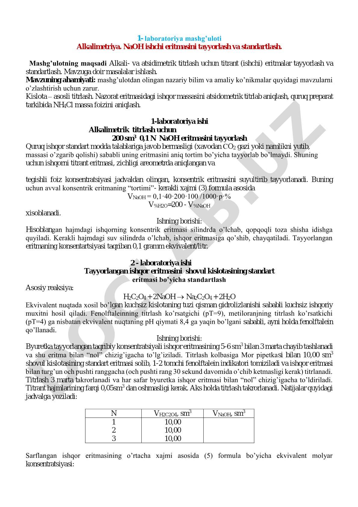 Alkalimetriya. NaOH ishchi eritmasini tayyorlash va standartlash