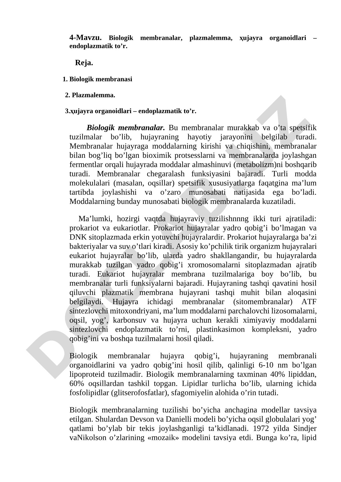 Biologik membranalar, plazmalemma, hujayra organoidlari – endoplazmatik to'r