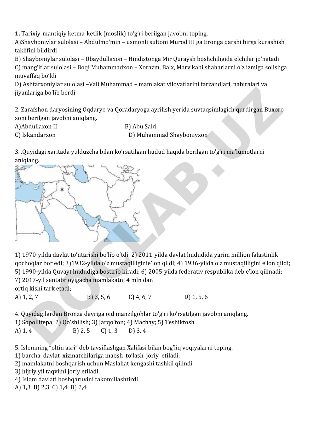 Tarix fanidan test savollari
