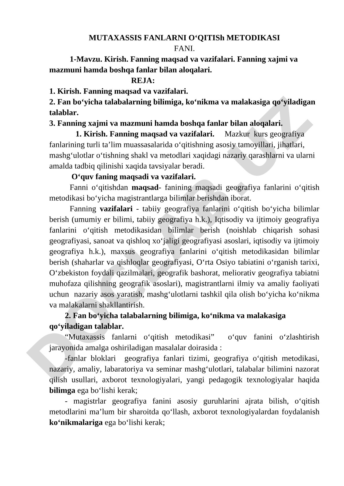 Mutaxassis fanlarni o'qitish metodikasi: kirish, maqsad va vazifalar