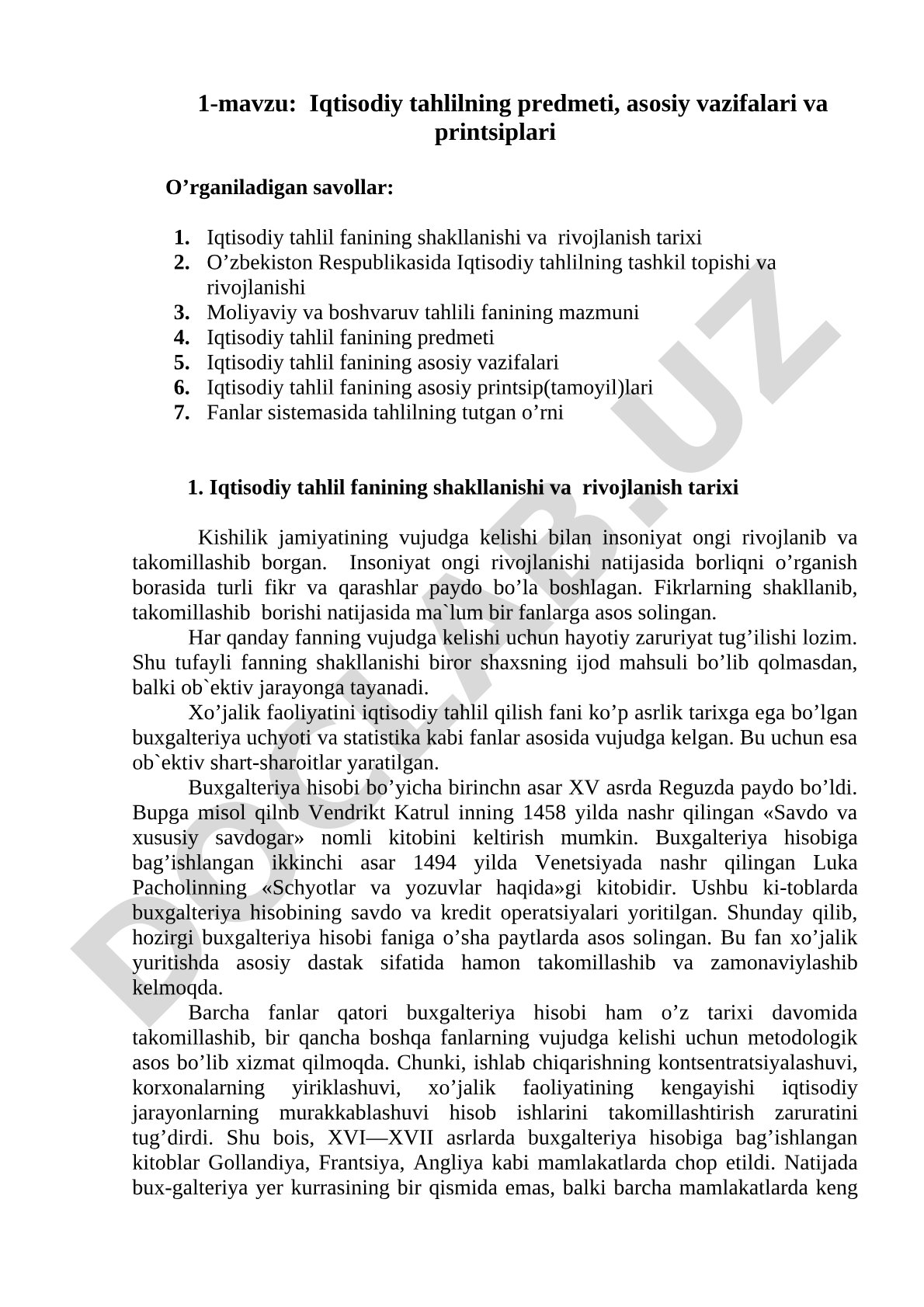 Iqtisodiy tahlilning predmeti, asоsiy vazifalari va printsiplari
