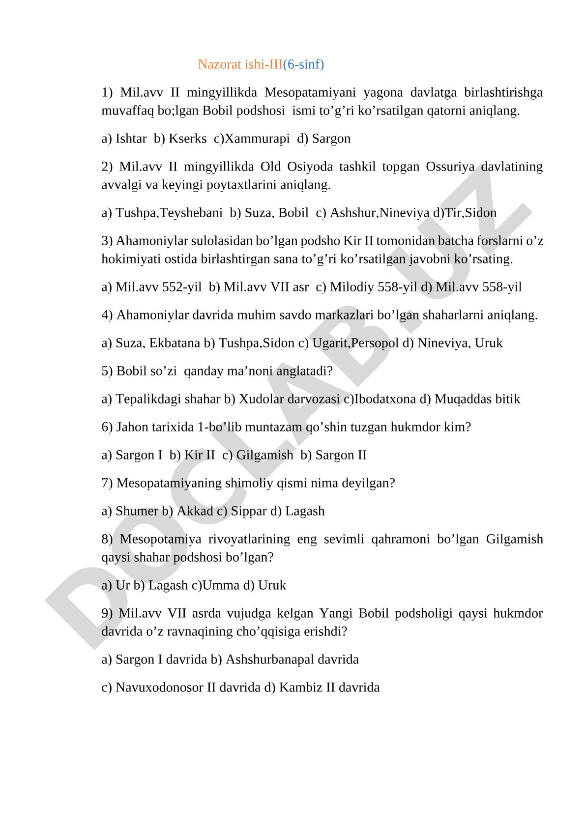 Qadimgi Mesopotamiya va Ossuriya davlati tarixi bo'yicha test