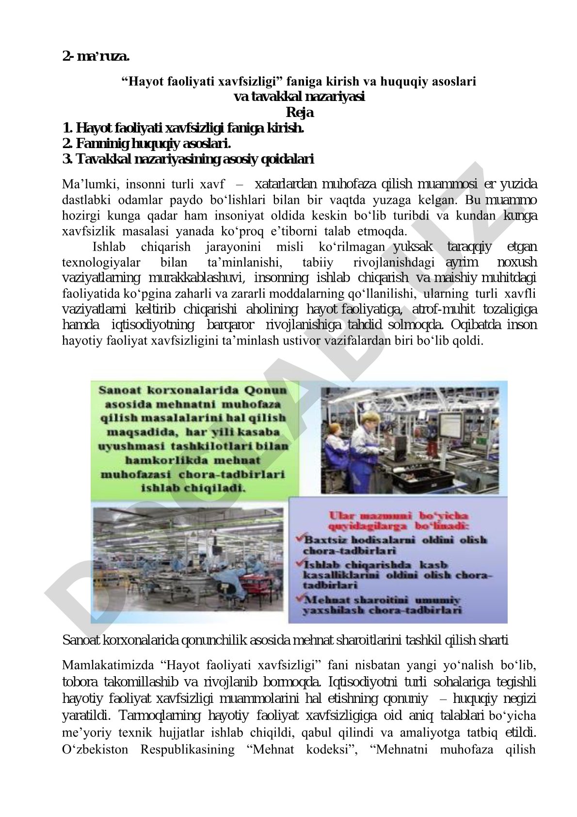 Hayot faoliyati xavfsizligi faniga kirish va huquqiy asoslari va tavakkal nazariyasi