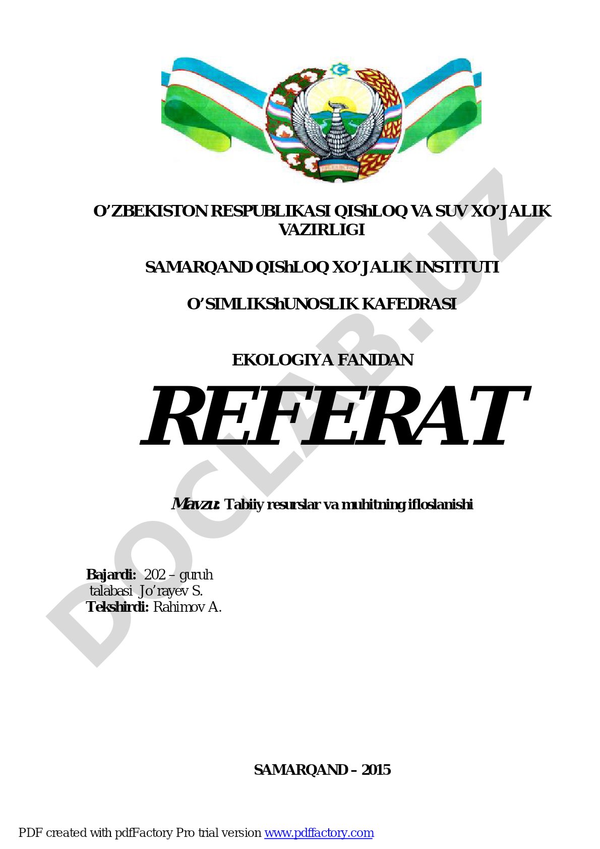 Tabiiy resurslar va muhitning ifloslanishi