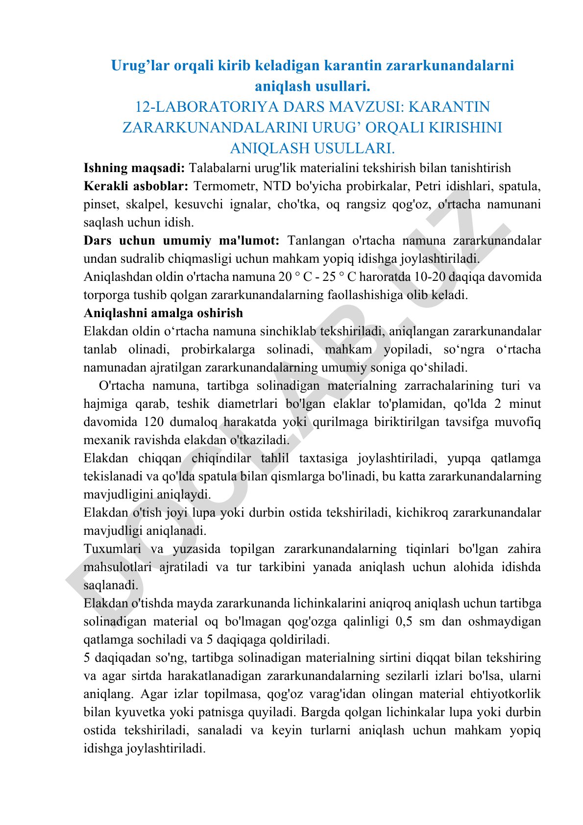 Urug'lar orqali kirib keladigan karantin zararkunandalarni aniqlash usullari