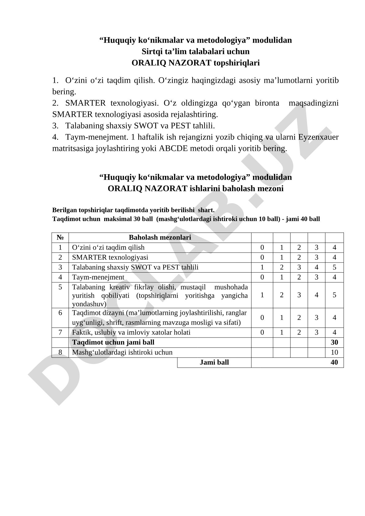 Huquqiy ko'nikmalar va metodologiya: oraliq nazorat va baholash mezonlari