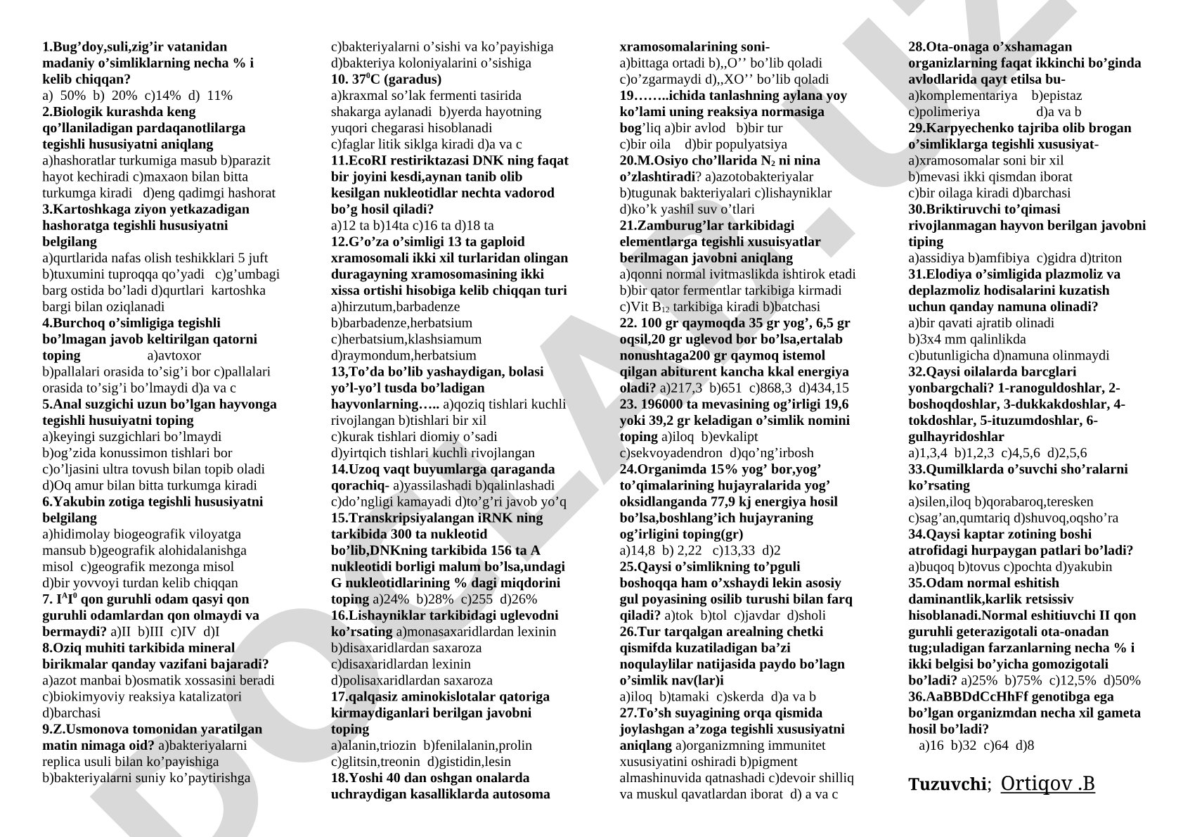 Biologiya fanidan test savollari