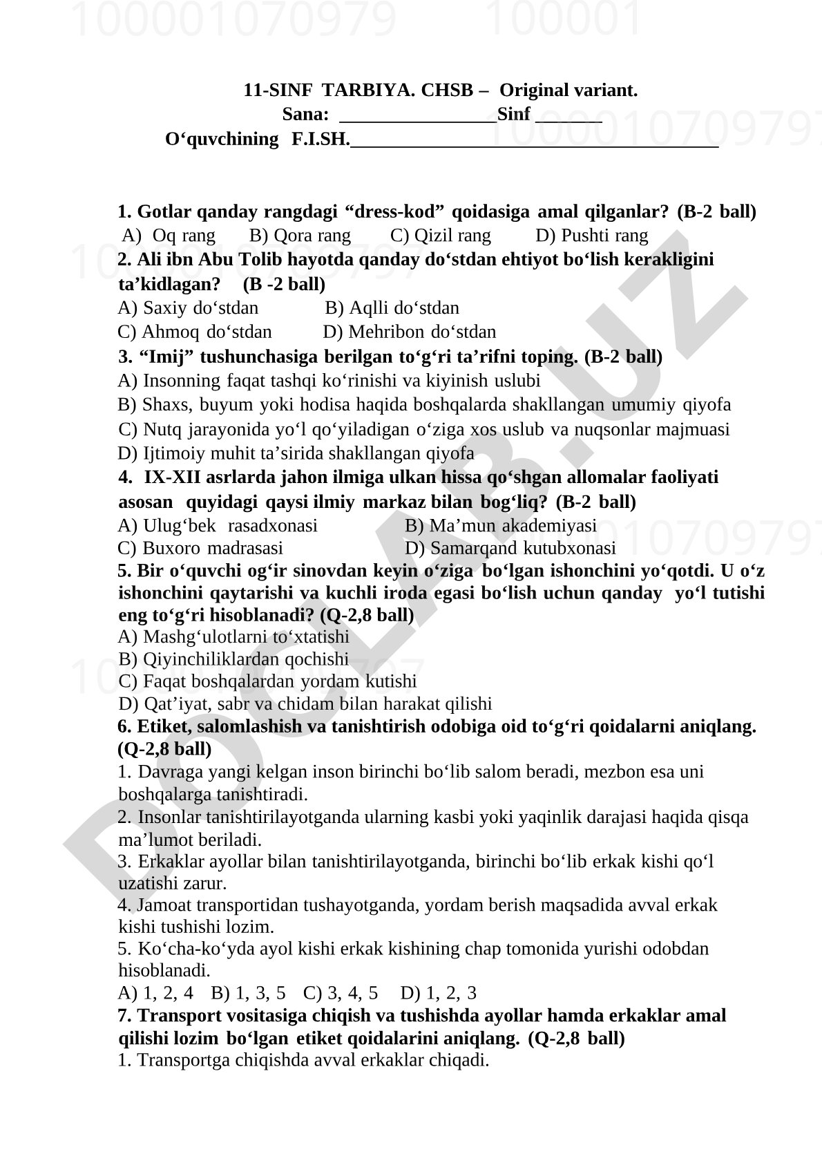 11-sinf Tarbiya fanidan CHSB test savollari