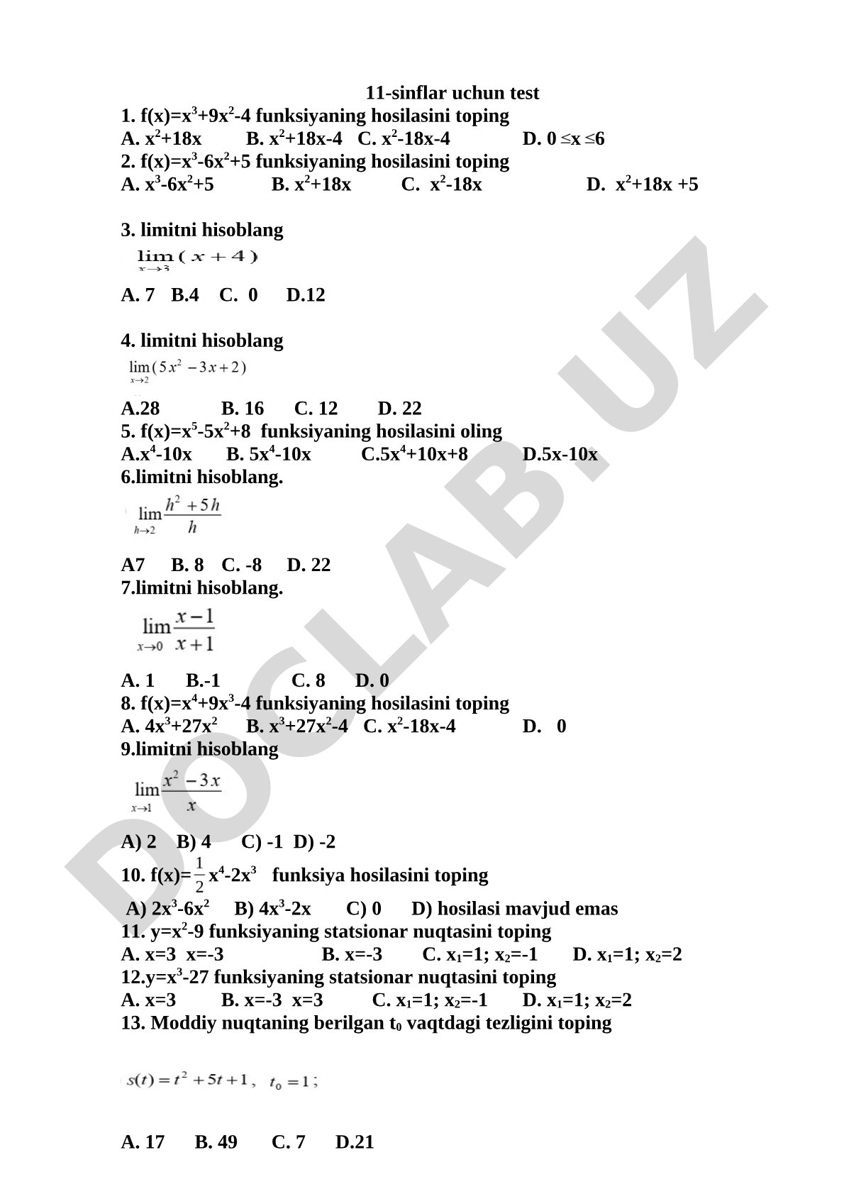 11-sinf matematika fanidan hosila va limitga oid test savollari