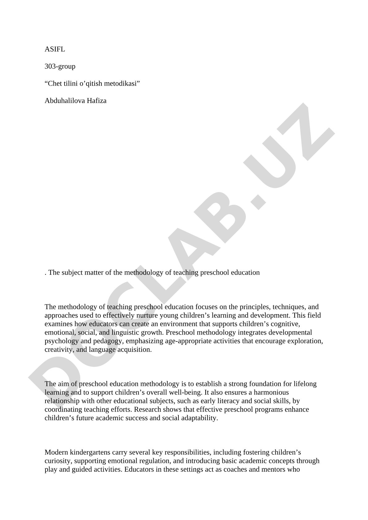 The subject matter of the methodology of teaching preschool education