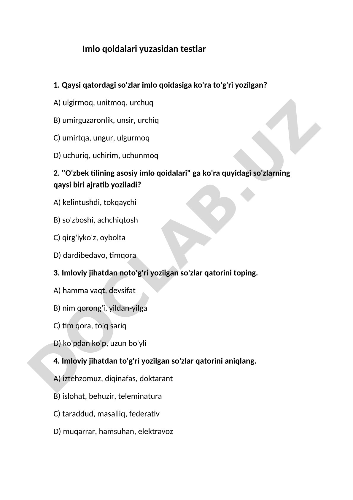 Imlo qoidalari yuzasidan testlar