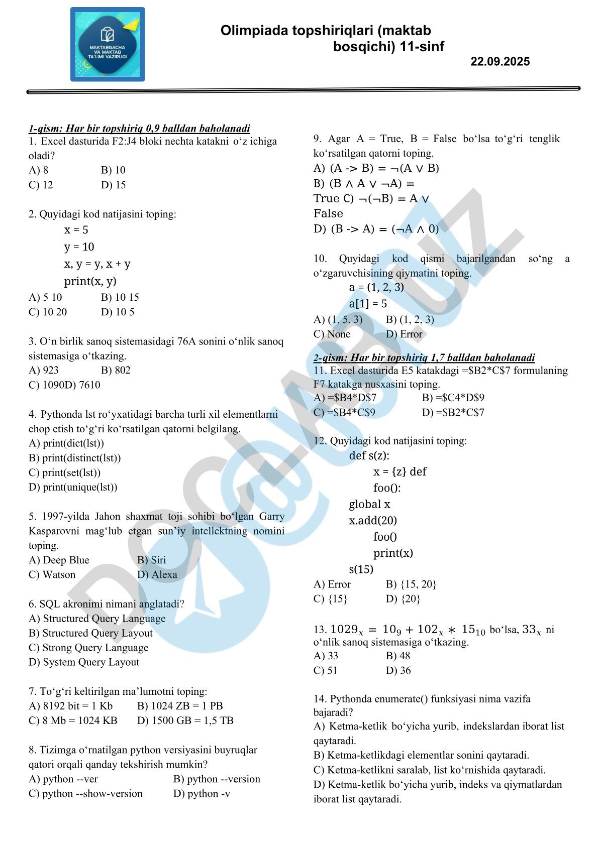 Informatika fanidan test savollari va javoblari