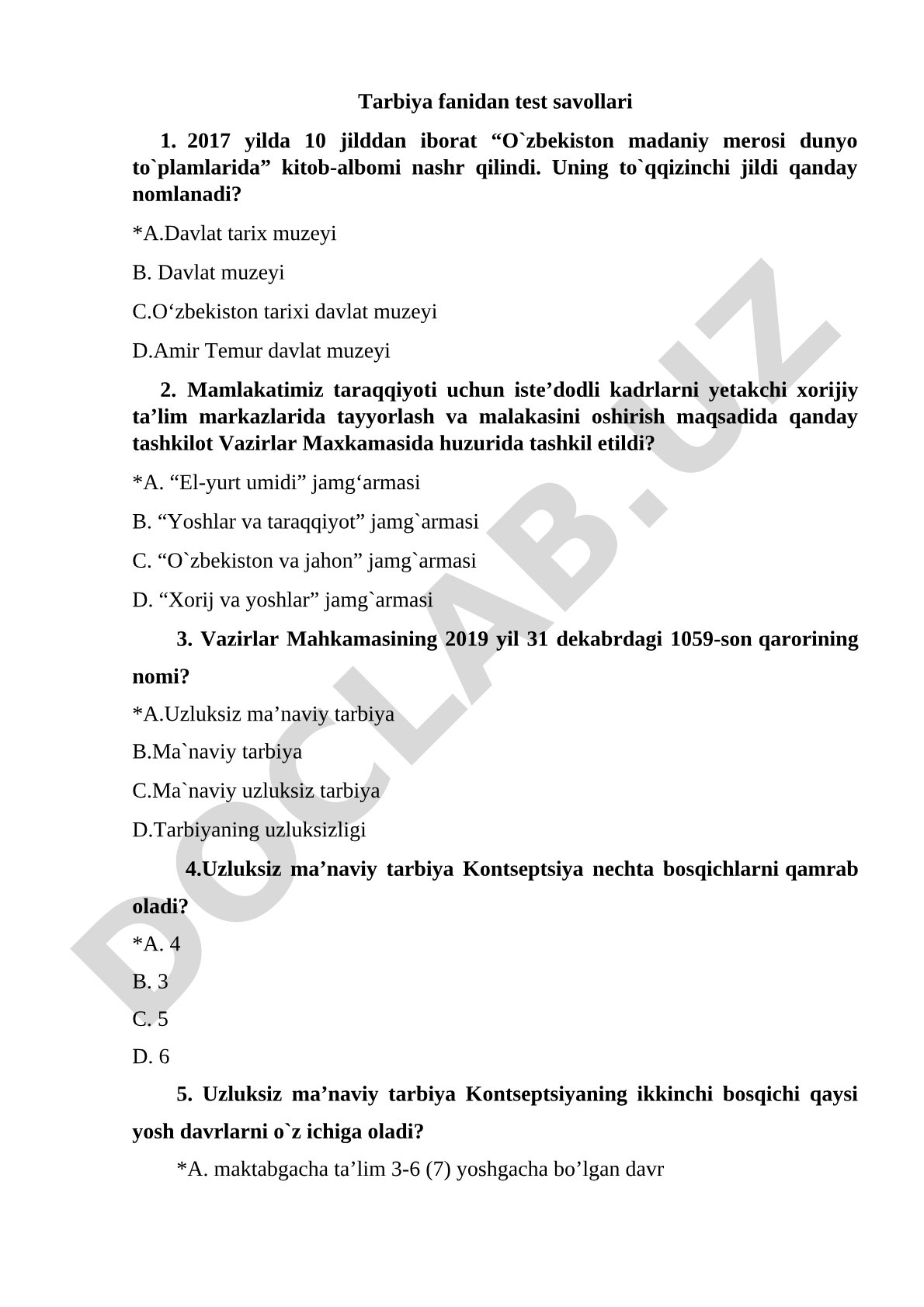 Tarbiya fanidan test savollari