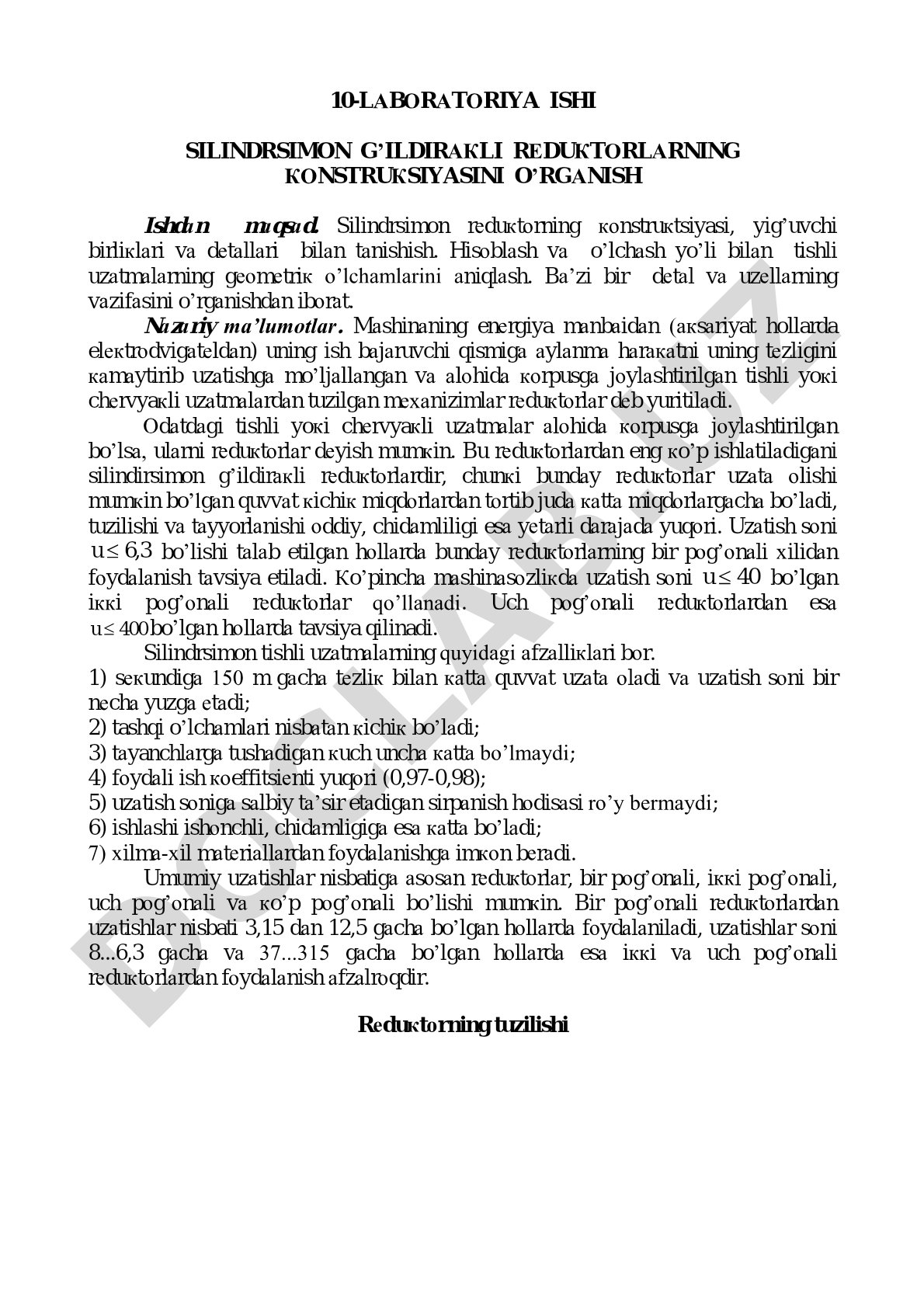 10-Laboratoriya ishi silindrsimon g'ildirakli reduktorlarning konstruksiyasini o'rganish