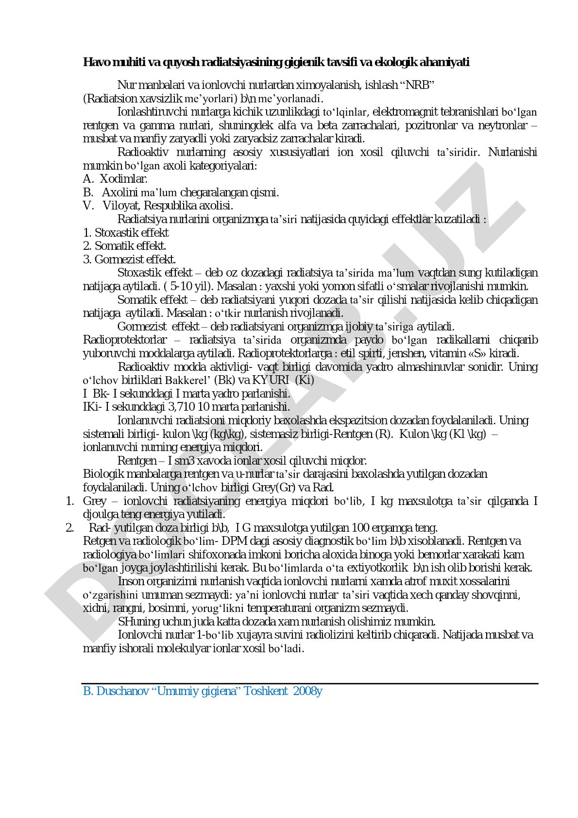 Havo muhiti va quyosh radiatsiyasining gigienik tavsifi va ekologik ahamiyati