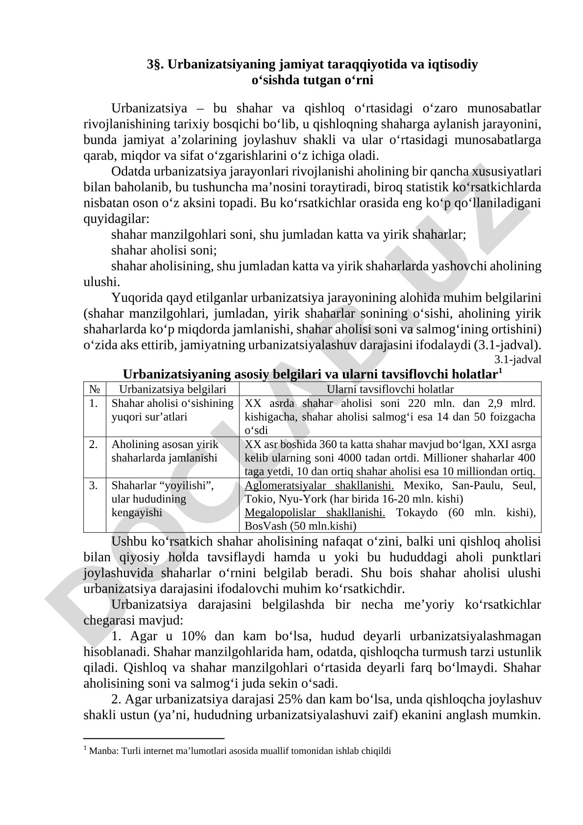Urbanizatsiyaning jamiyat taraqqiyotida va iqtisodiy o‘sishda tutgan o‘rni