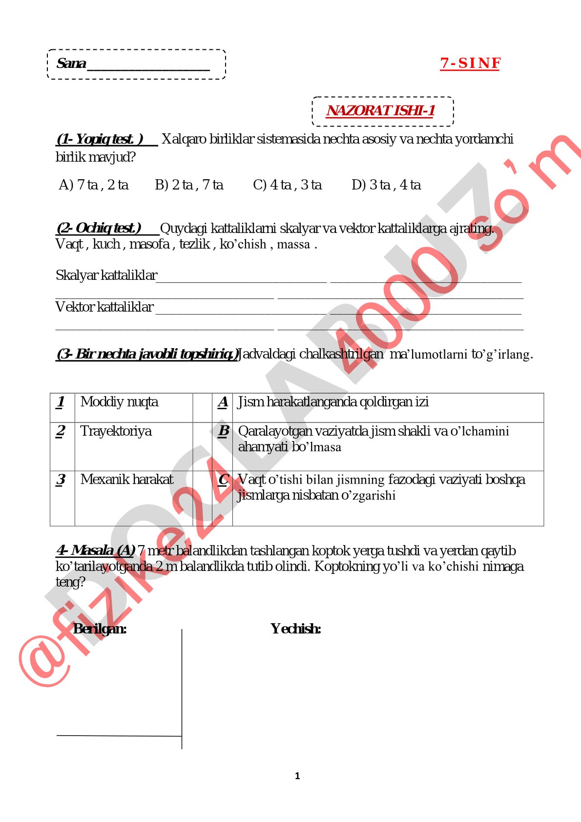 7-sinf fizika nazorat ishi: xalqaro birliklar, skalyar va vektor kattaliklar