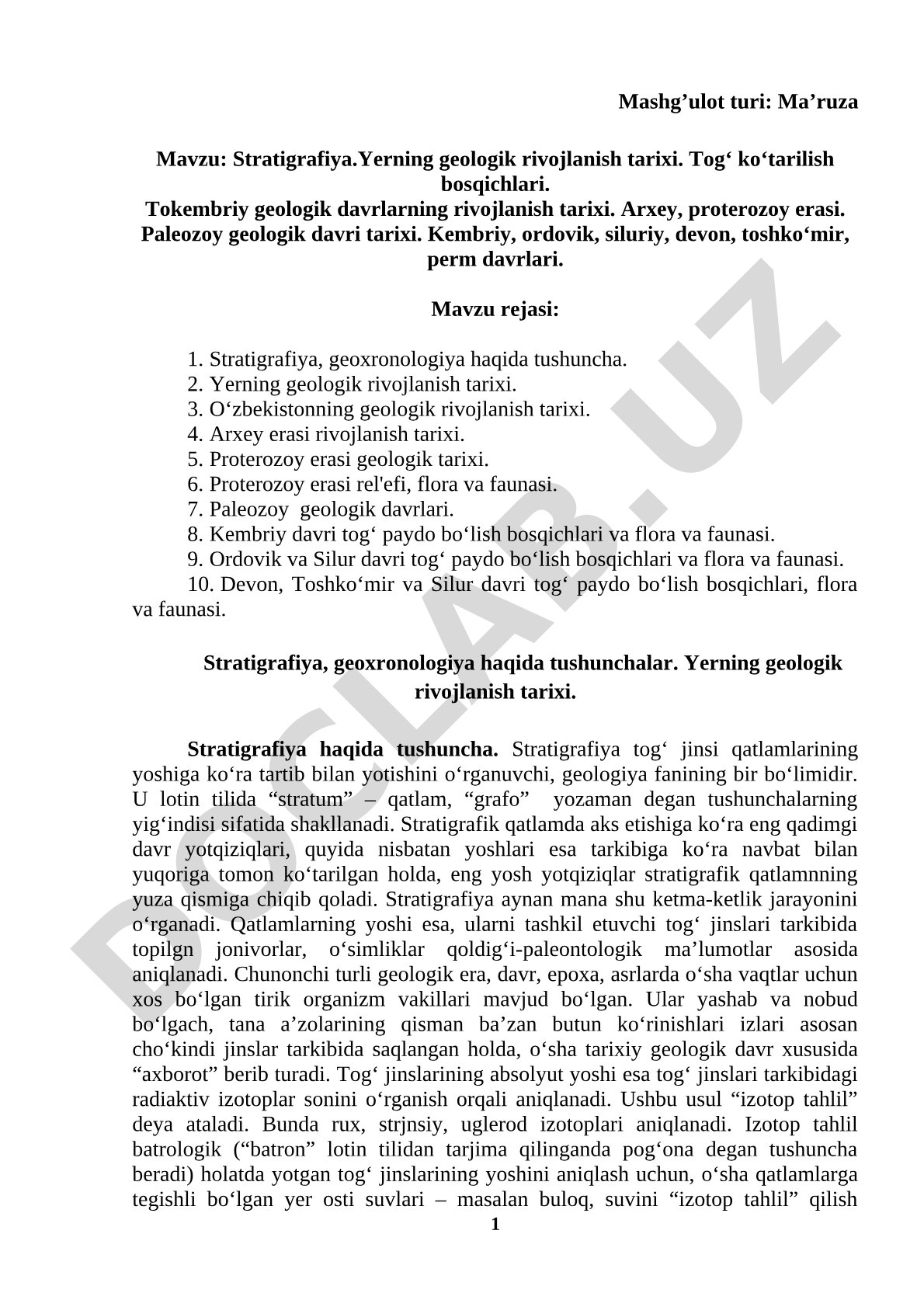 Stratigrafiya va Yerning geologik rivojlanish tarixi