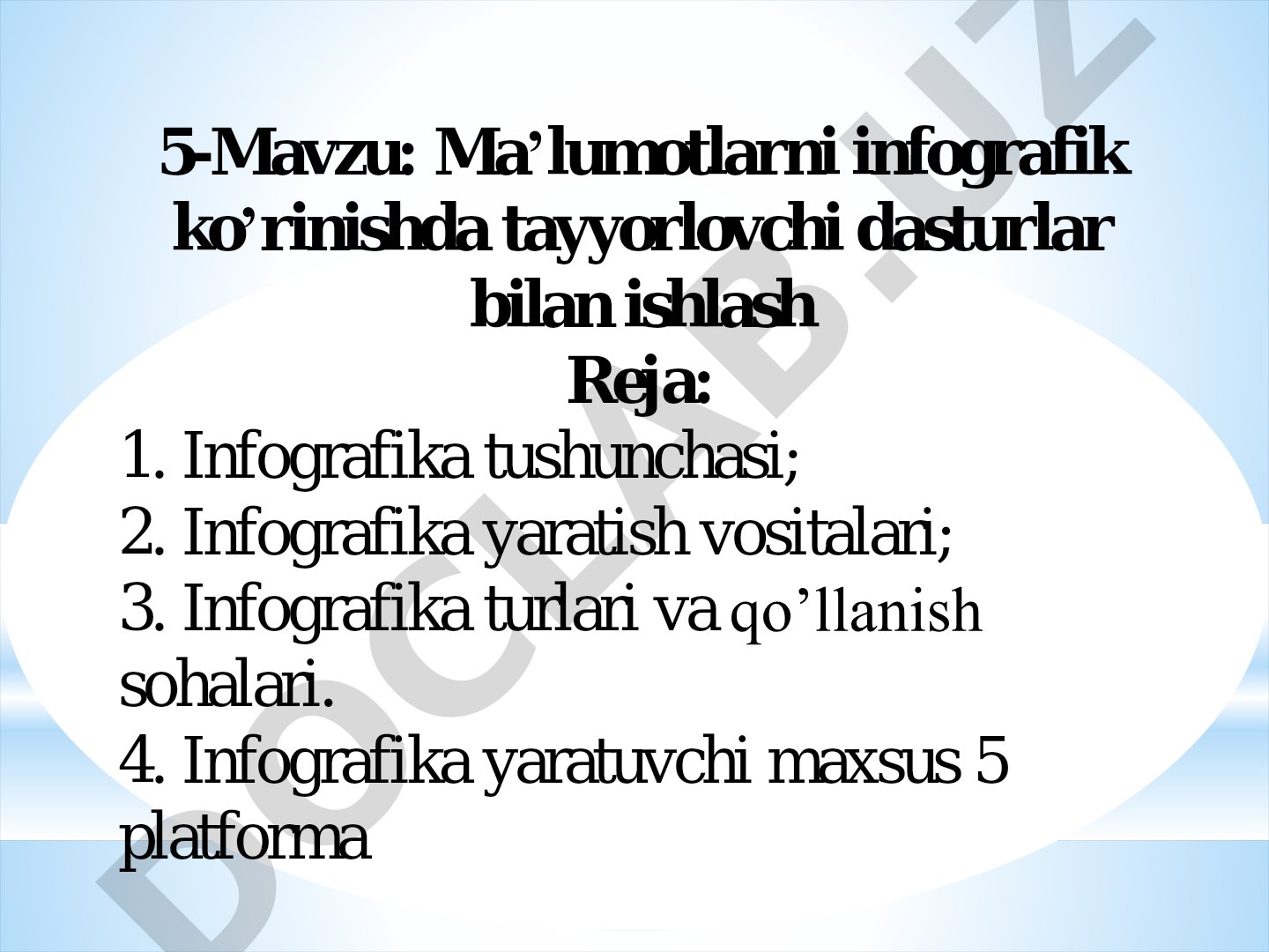 Ma’lumotlarni infografik ko’rinishda tayyorlovchi dasturlar bilan ishlash