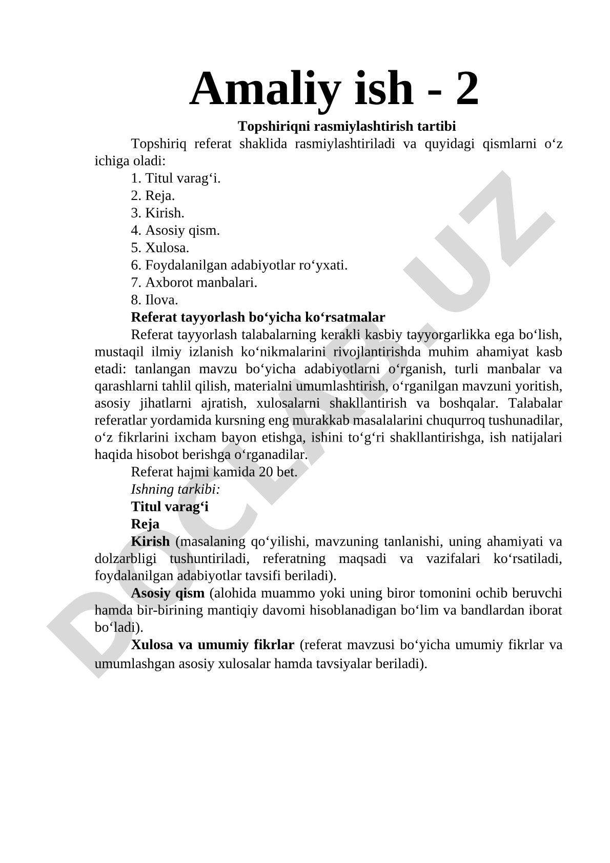 Topshiriqni rasmiylashtirish tartibi
