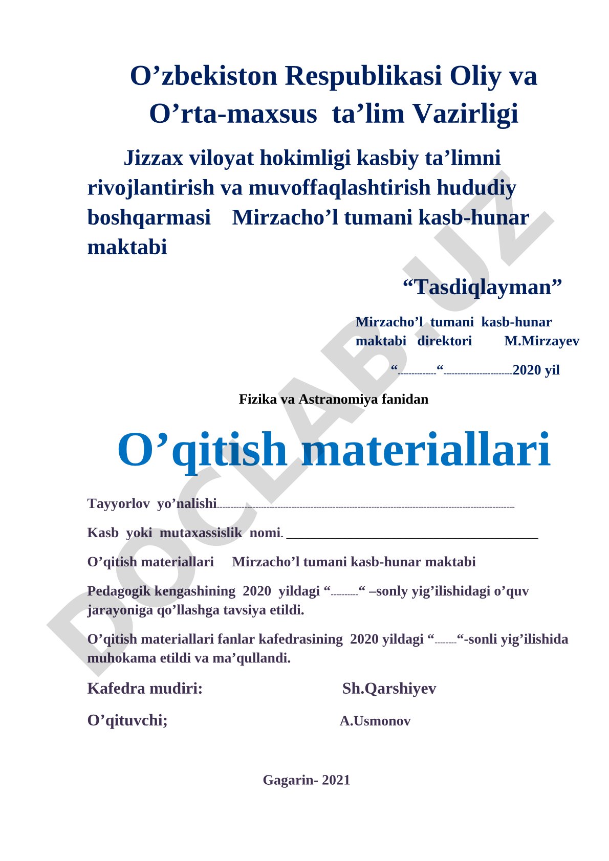 Fizika va Astranomiya fanidan o'qitish materiallari