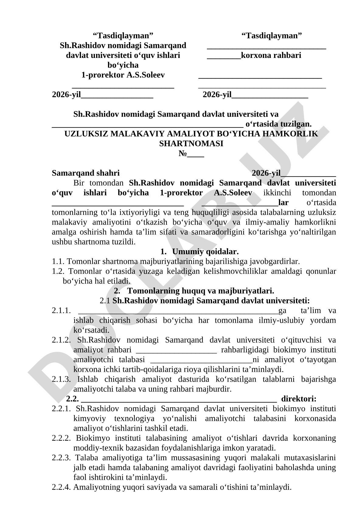 Uzluksiz malakaviy amaliyot bo'yicha hamkorlik shartnomasi