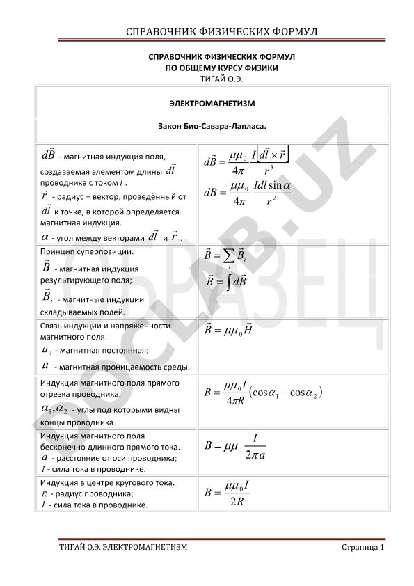Электромагнетизм физик формулалари справочниги