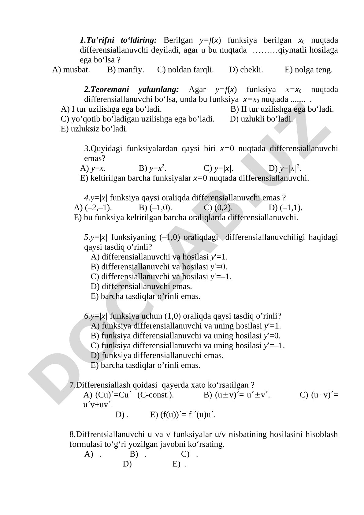 Differensiallanuvchi funksiyalar bo'yicha test savollari
