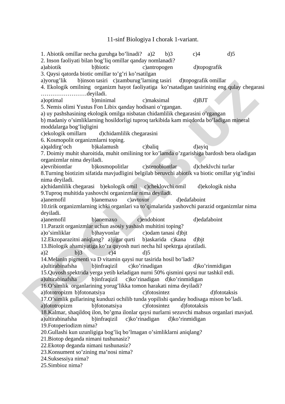 Ekologik omillar va ularning tasnifi