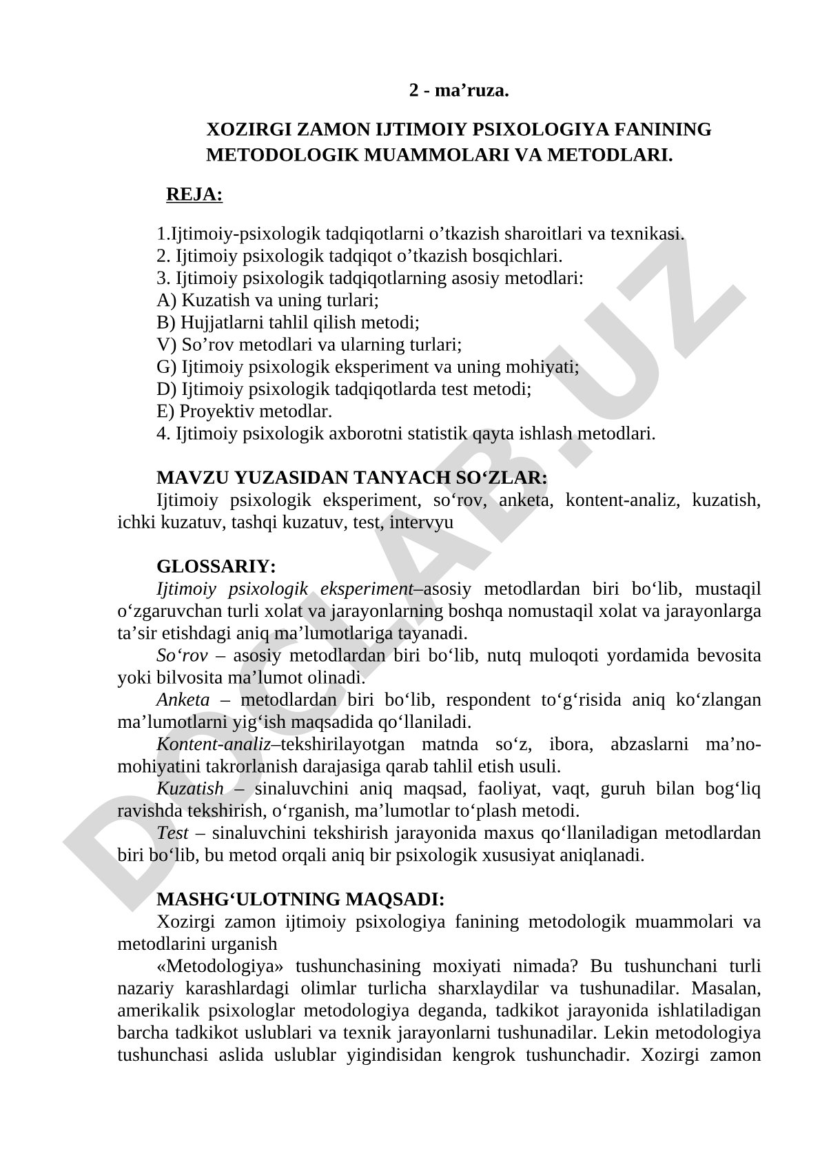 Xozirgi zamon ijtimoiy psixologiya fanining metodologik muammolari va metodlari