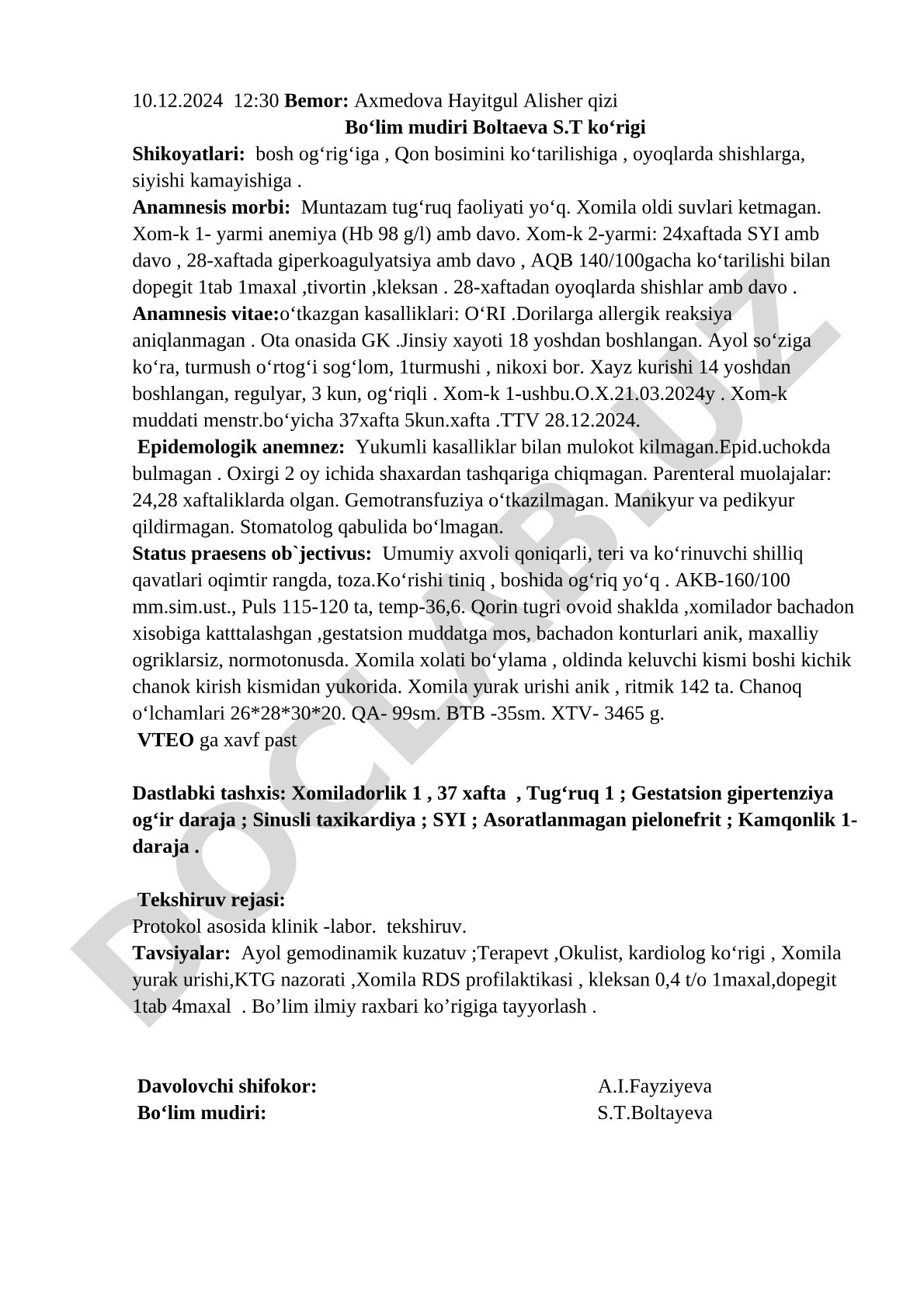 Homilador ayolda arterial gipertenziya va shishlar bilan klinik ko'rik