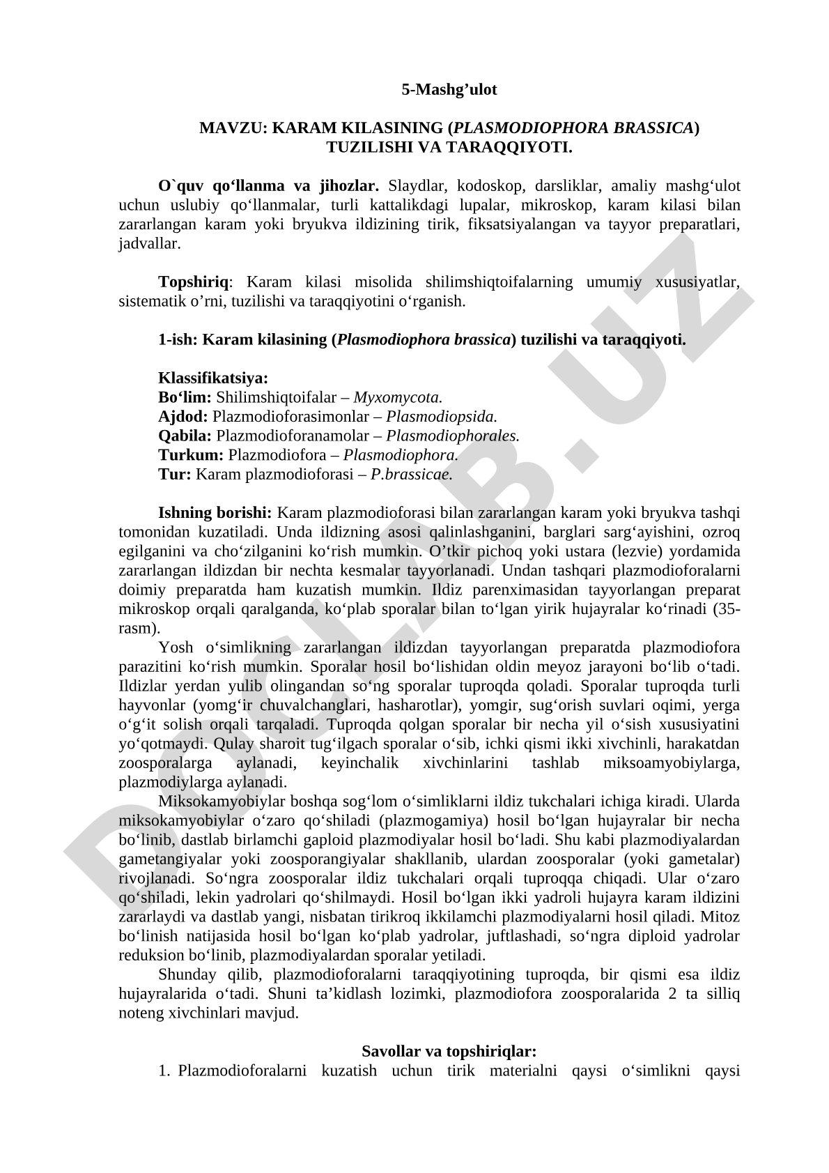 KARAM KILASINING (PLASMODIOPHORA BRASSICA) TUZILISHI VA TARAQQIYOTI
