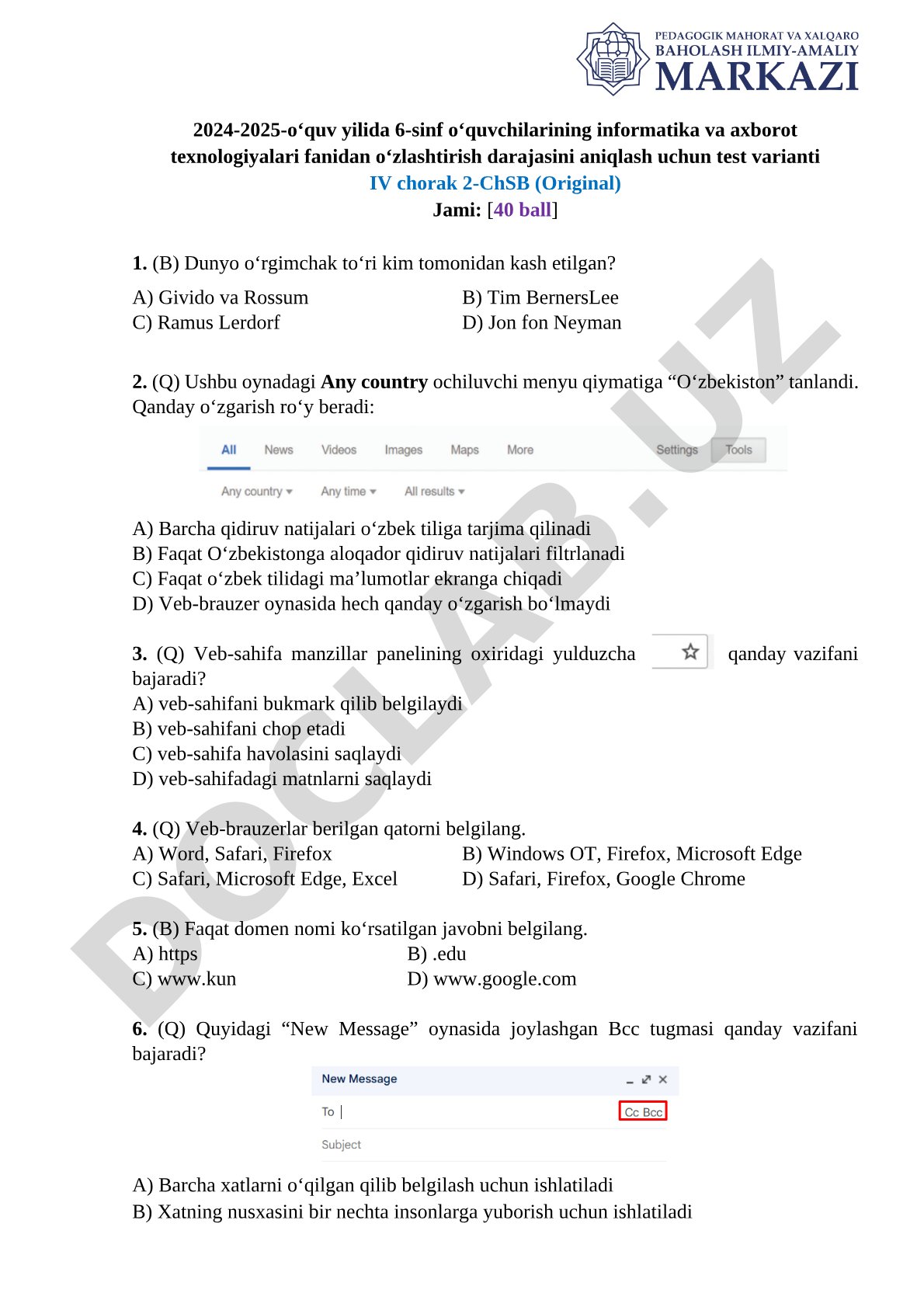 6-sinf informatika va axborot texnologiyalari fanidan IV chorak 2-ChSB testi