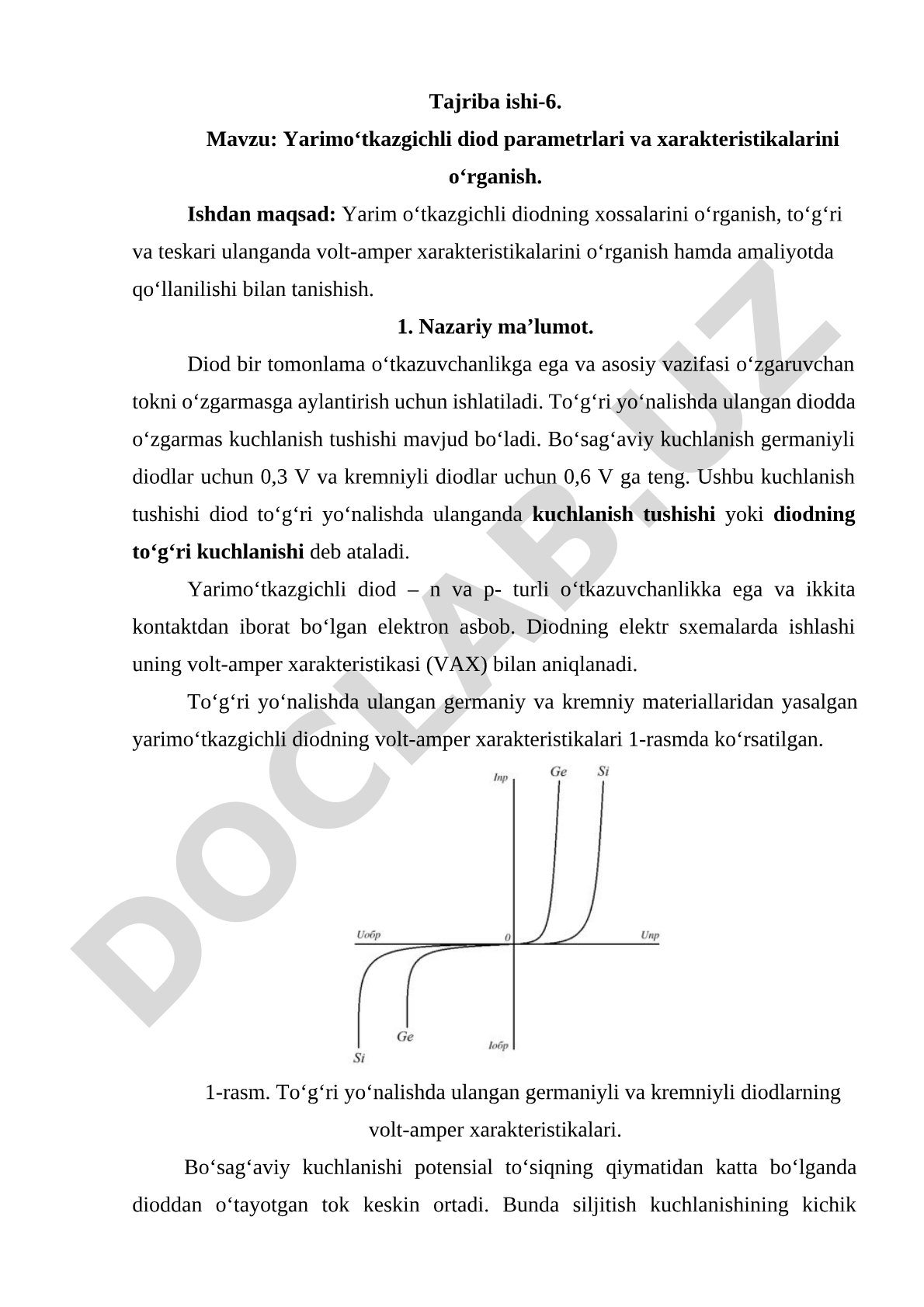 Yarimo‘tkazgichli diod parametrlari va xarakteristikalarini o‘rganish