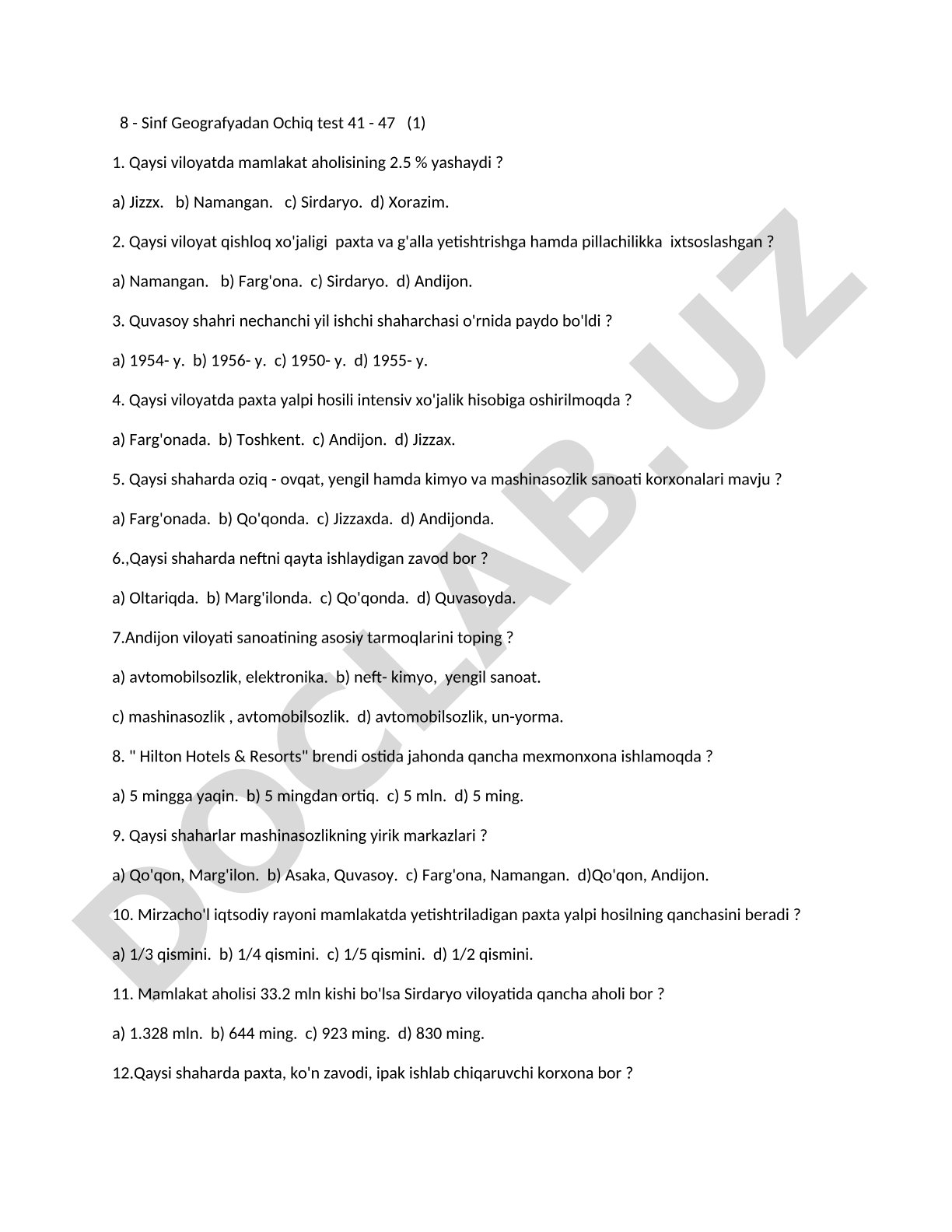 8-sinf Geografiyadan ochiq test savollari