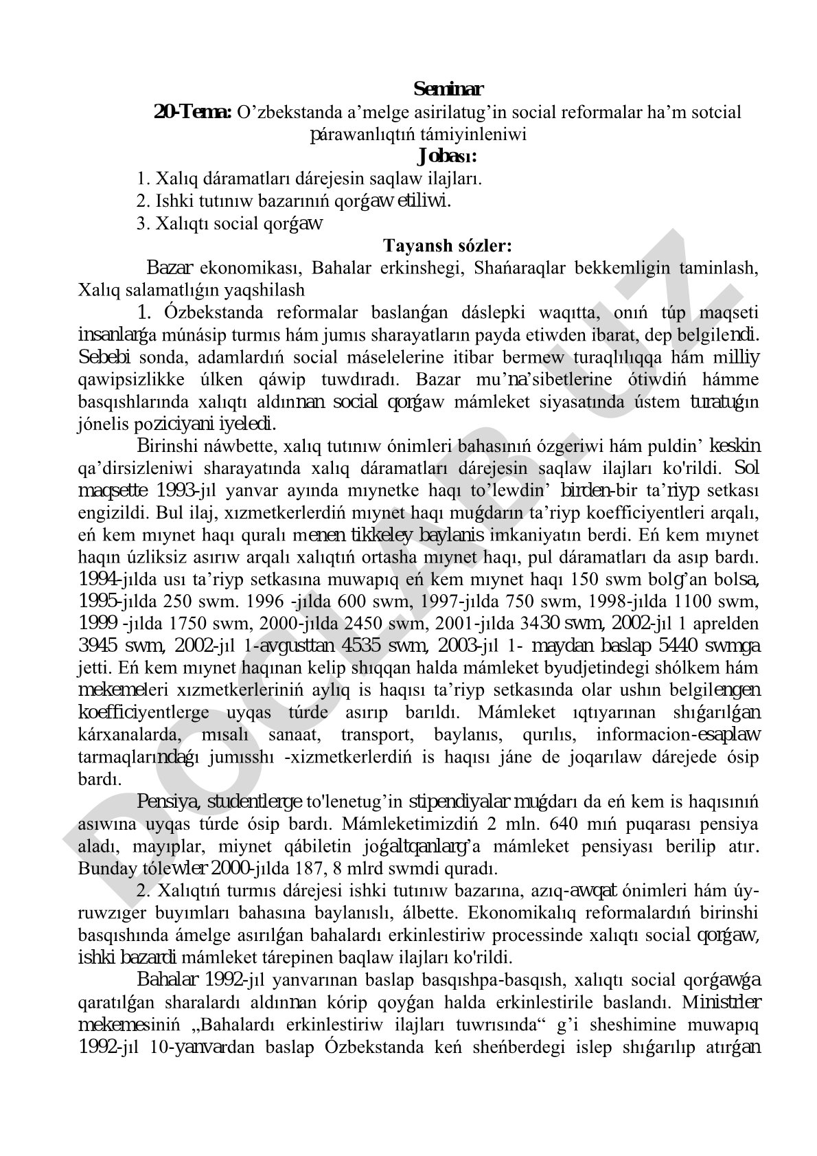 O’zbekstanda a’melge asirilatug’in social reformalar ha’m sotcial párawanlıqtıń támiyinleniwi