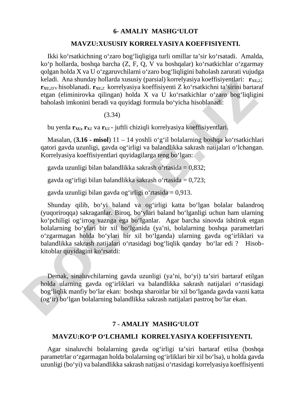 Xususiy korrelyasiya koeffisiyentini hisoblash formulasi va misol bilan tushuntirish