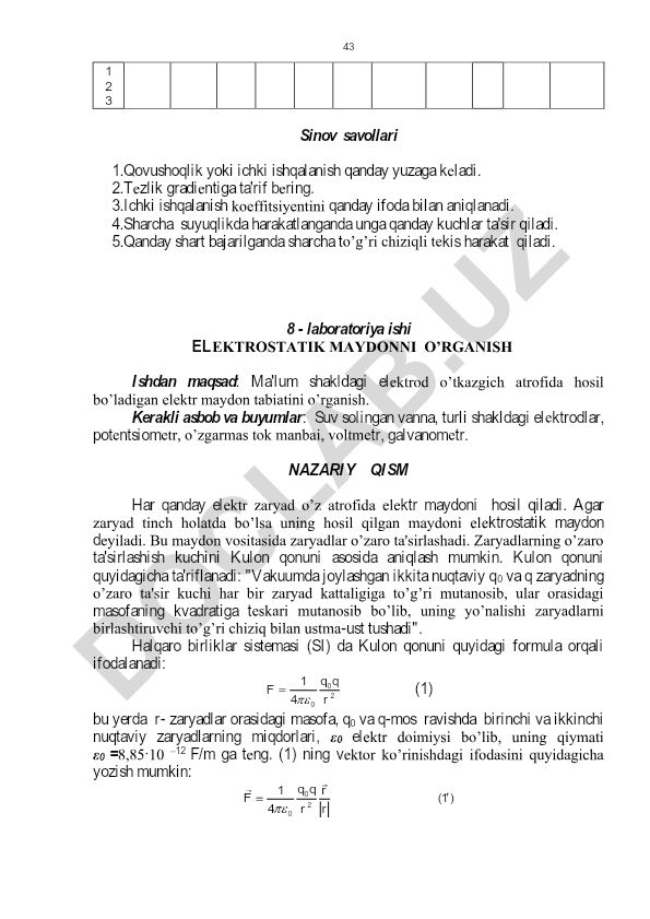 Elektrostatik maydonni o'rganish laboratoriya ishi