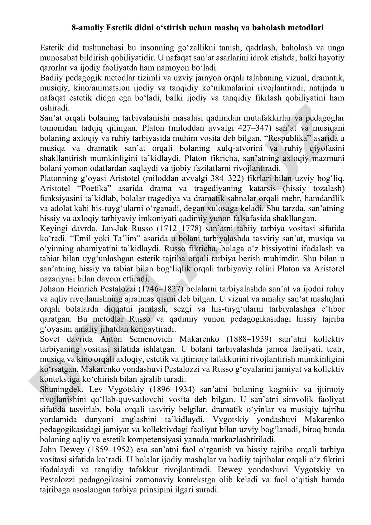 Estetik didni o‘stirish uchun mashq va baholash metodlari