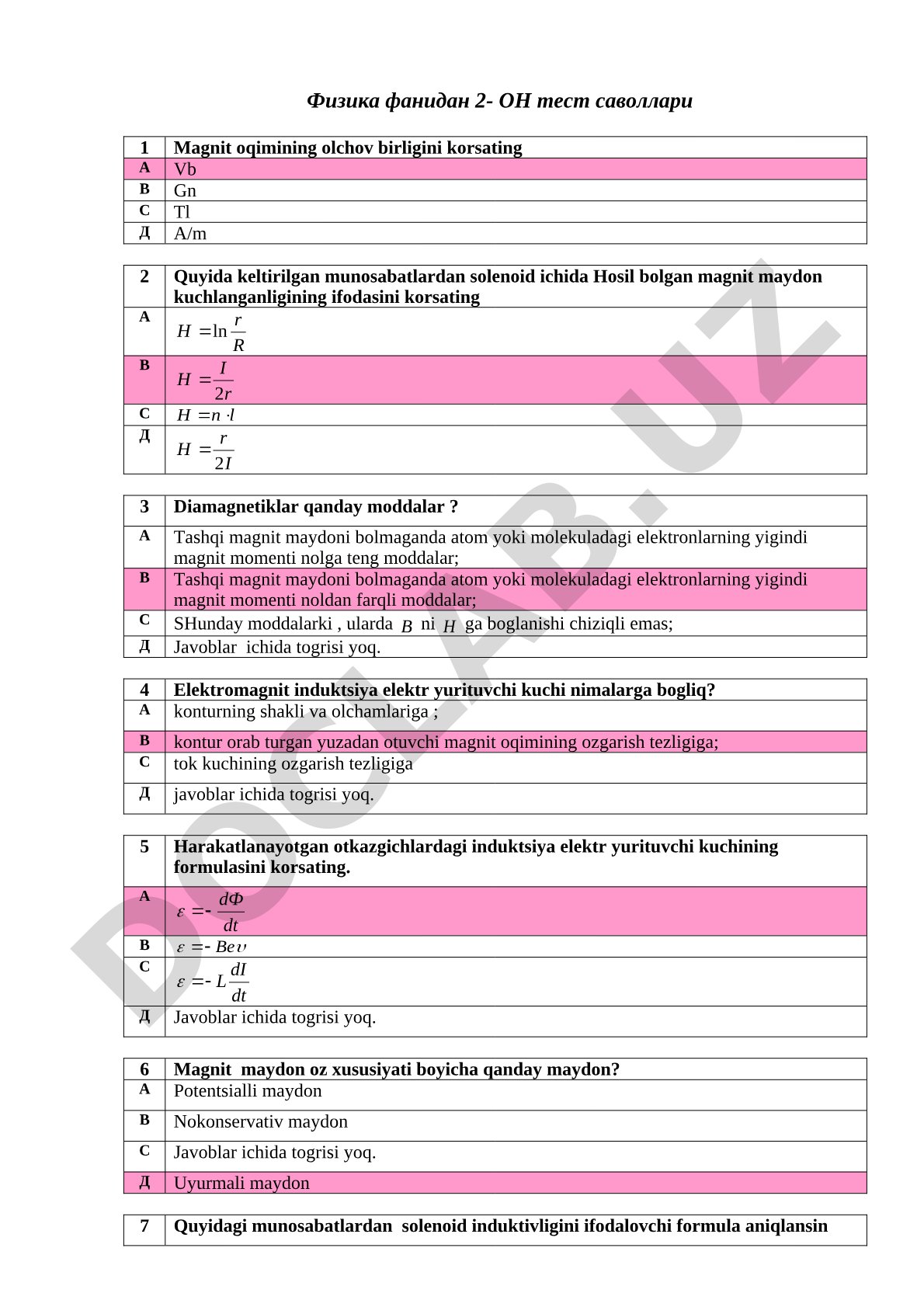 Fizika fanidan 2-ON test savollari
