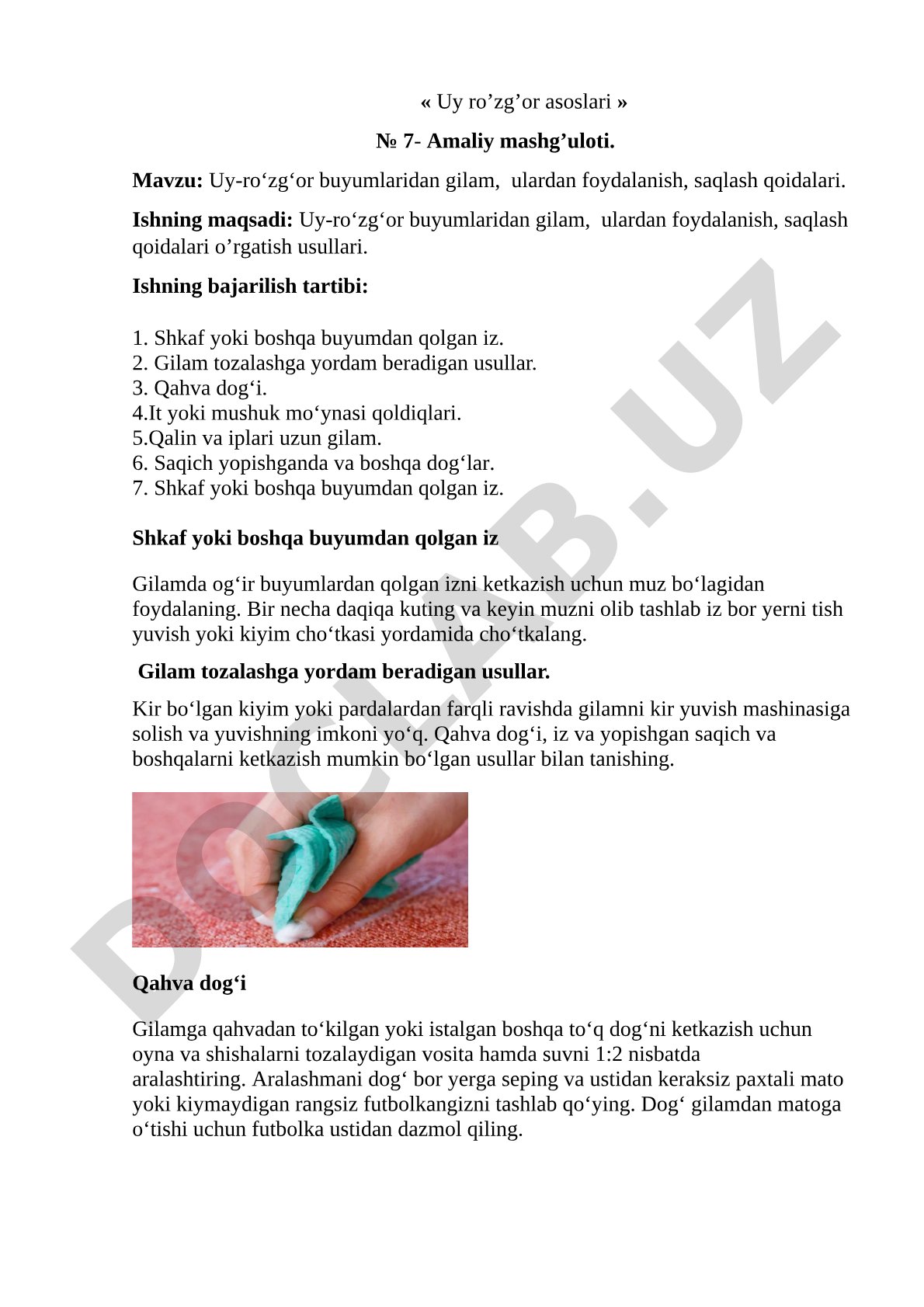 Uy-ro'zg'or buyumlaridan gilam, ulardan foydalanish, saqlash qoidalari