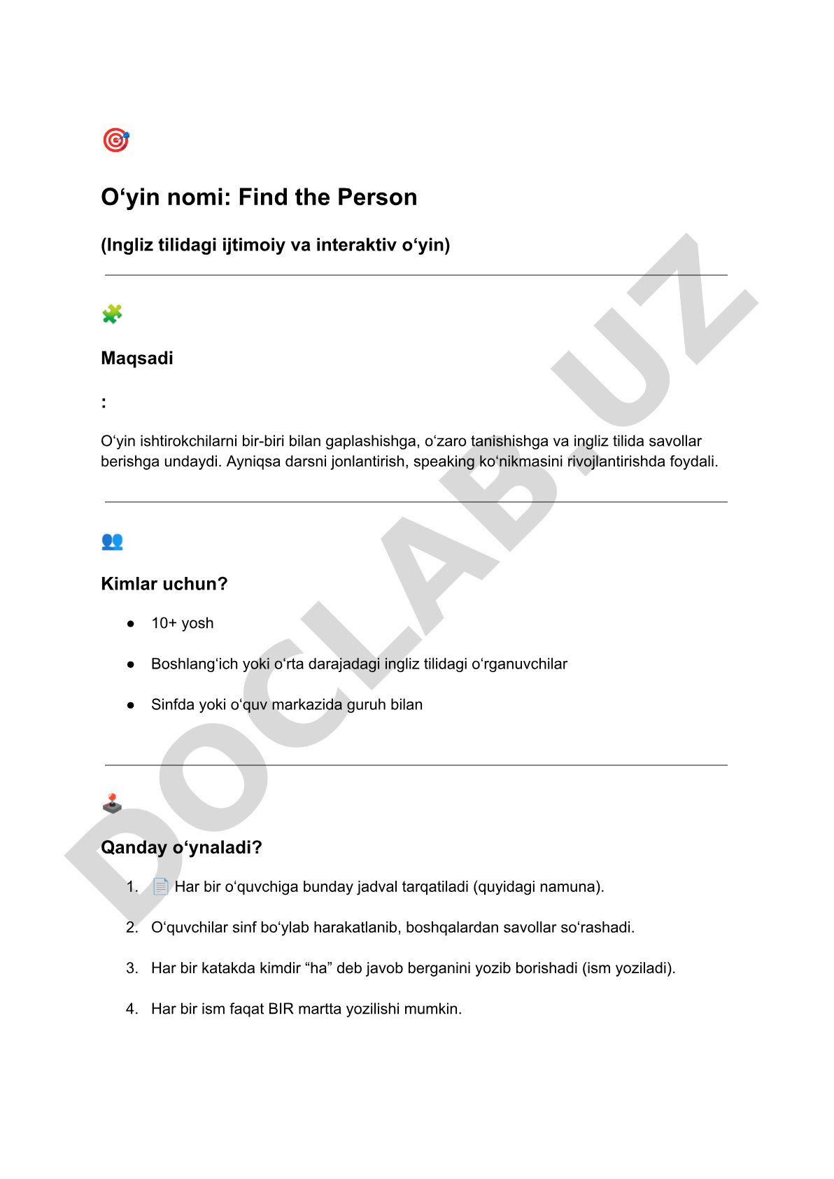 Ingliz tilida 'Find the Person' interaktiv o‘yini
