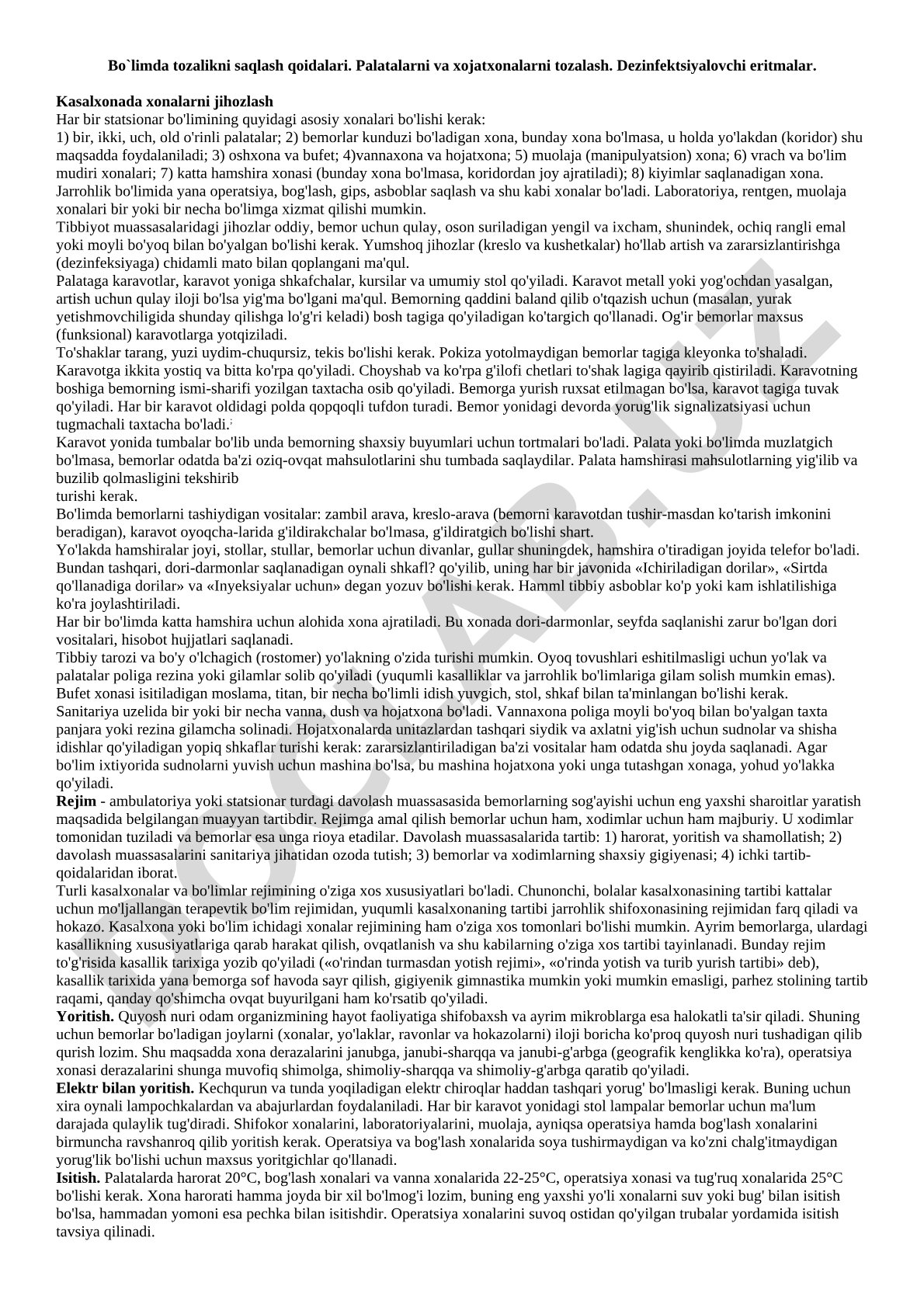 Kasalxonada tozalikni saqlash qoidalari va xonalarni jihozlash