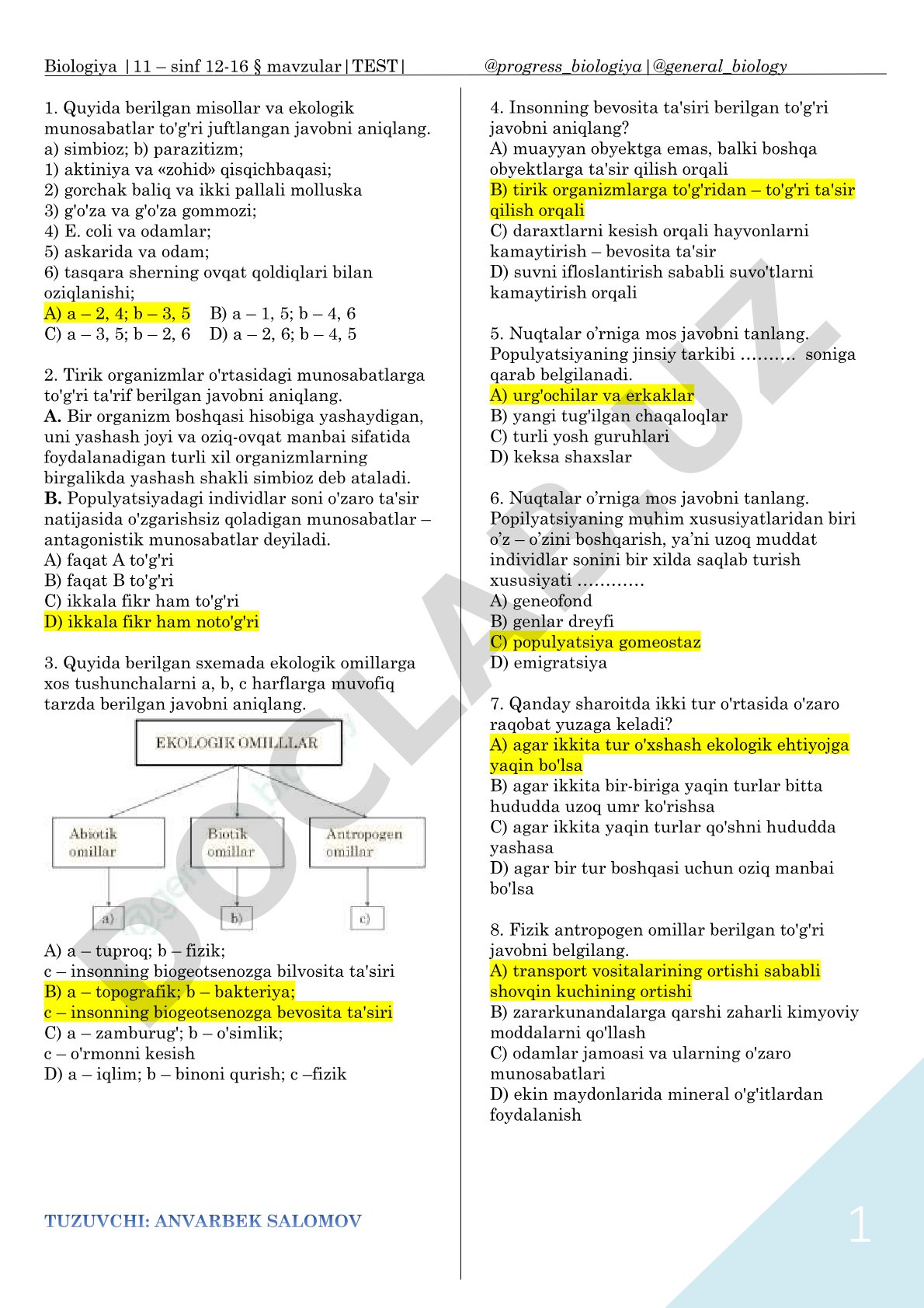 Biologiya 11-sinf ekologik omillar va organizmlar munosabatlari