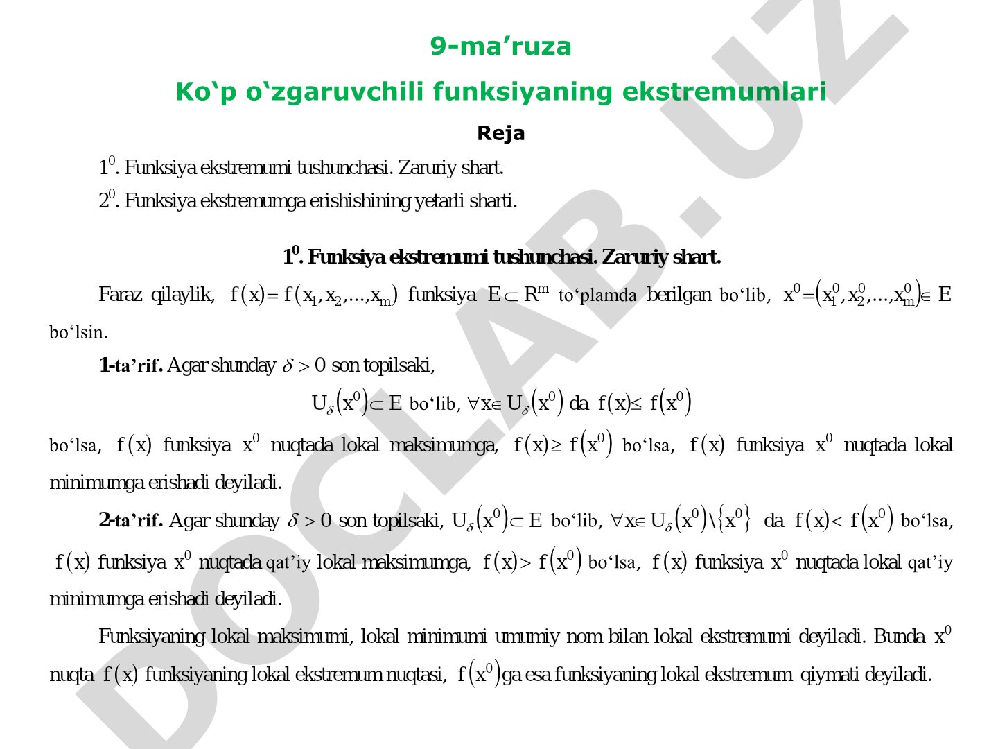 Ko‘p o‘zgaruvchili funksiyaning ekstremumlari