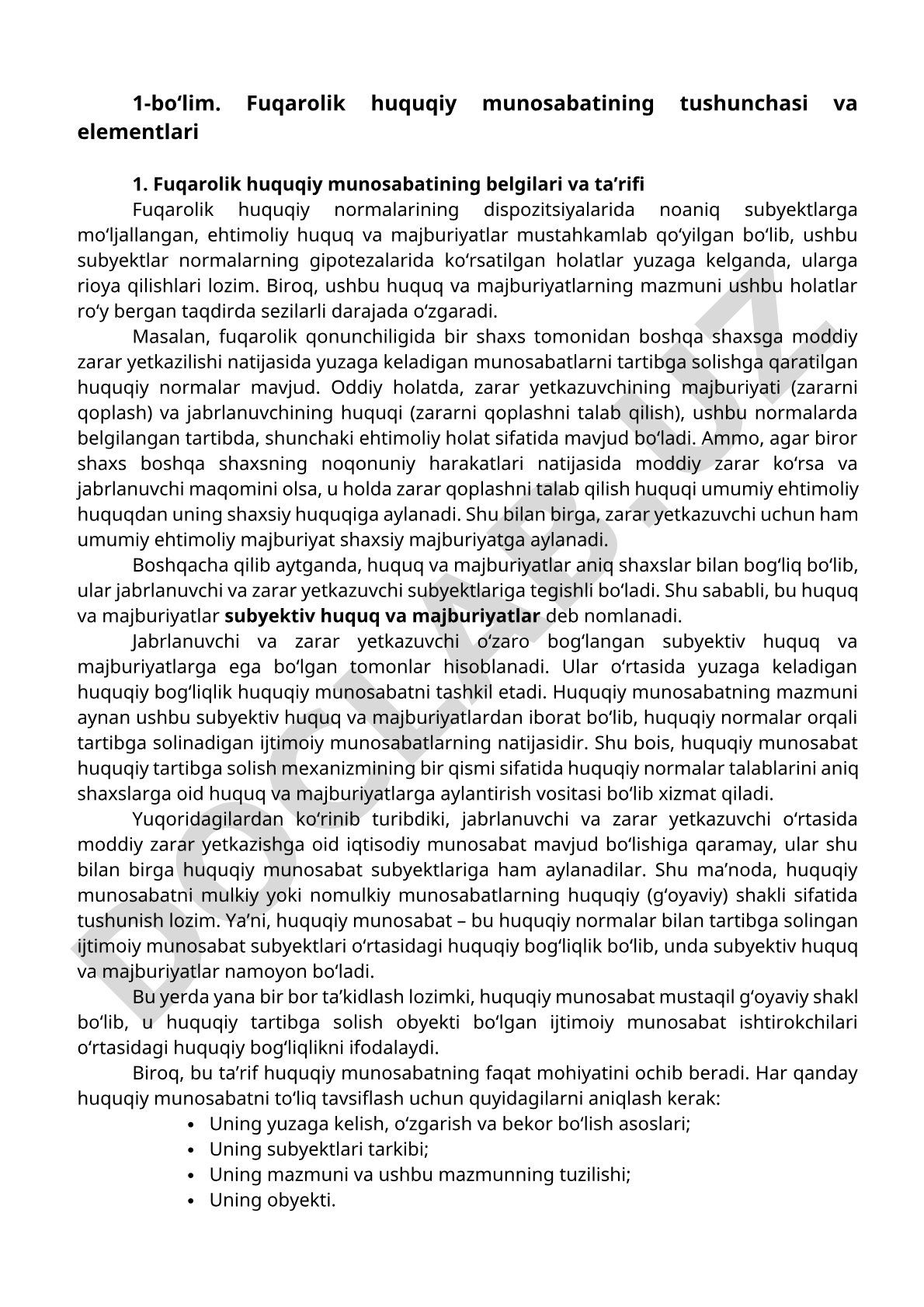 Fuqarolik huquqiy munosabatining tushunchasi va elementlari