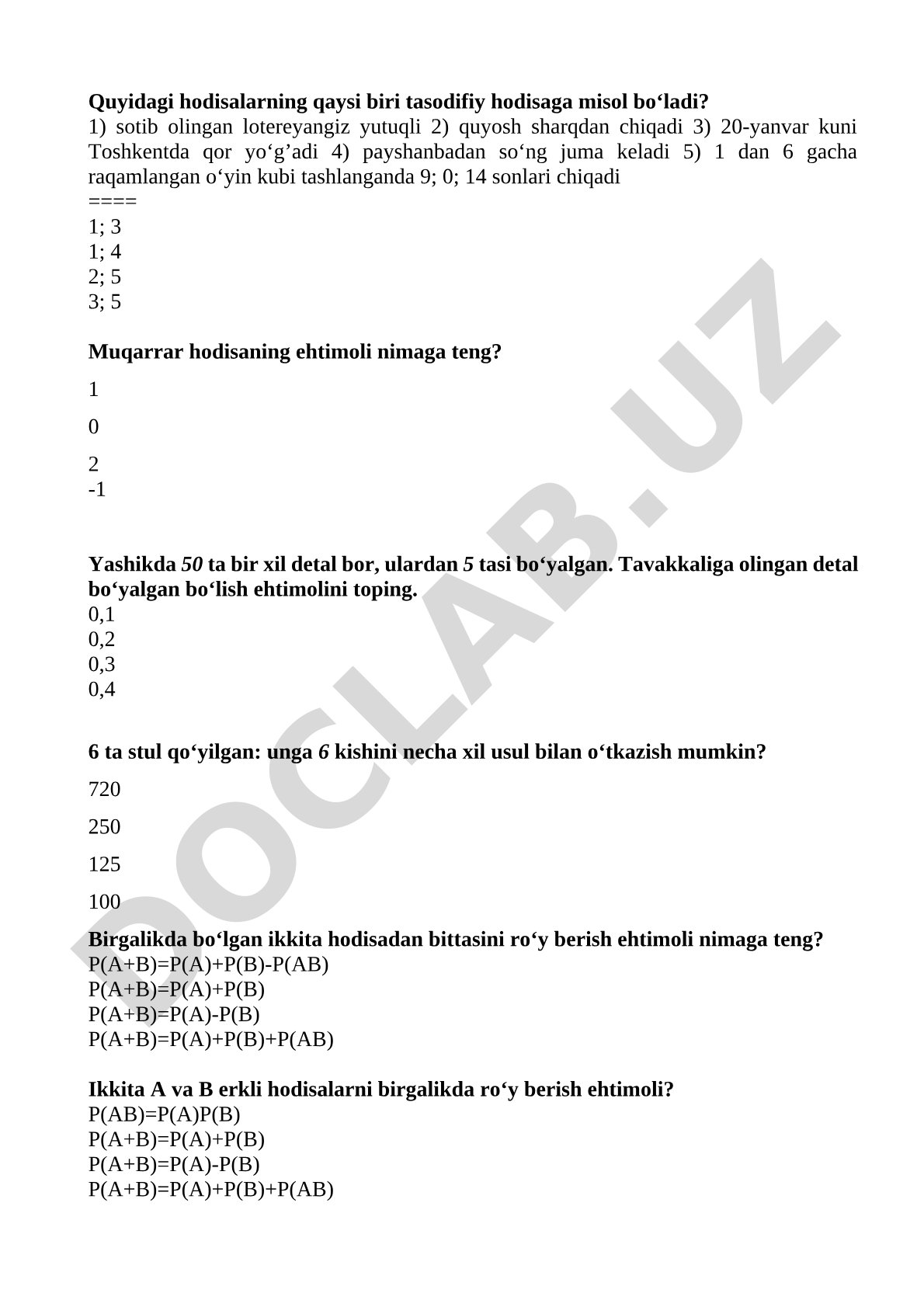 Ehtimollar nazariyasiga oid test savollari
