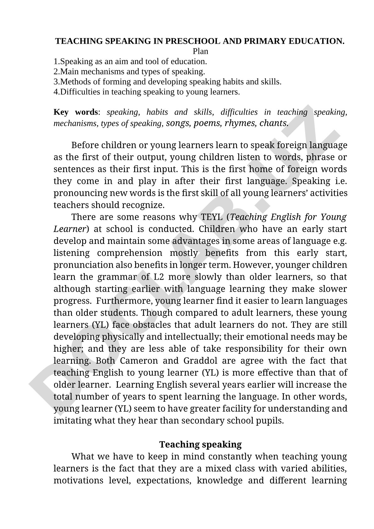 Teaching Speaking in Preschool and Primary Education