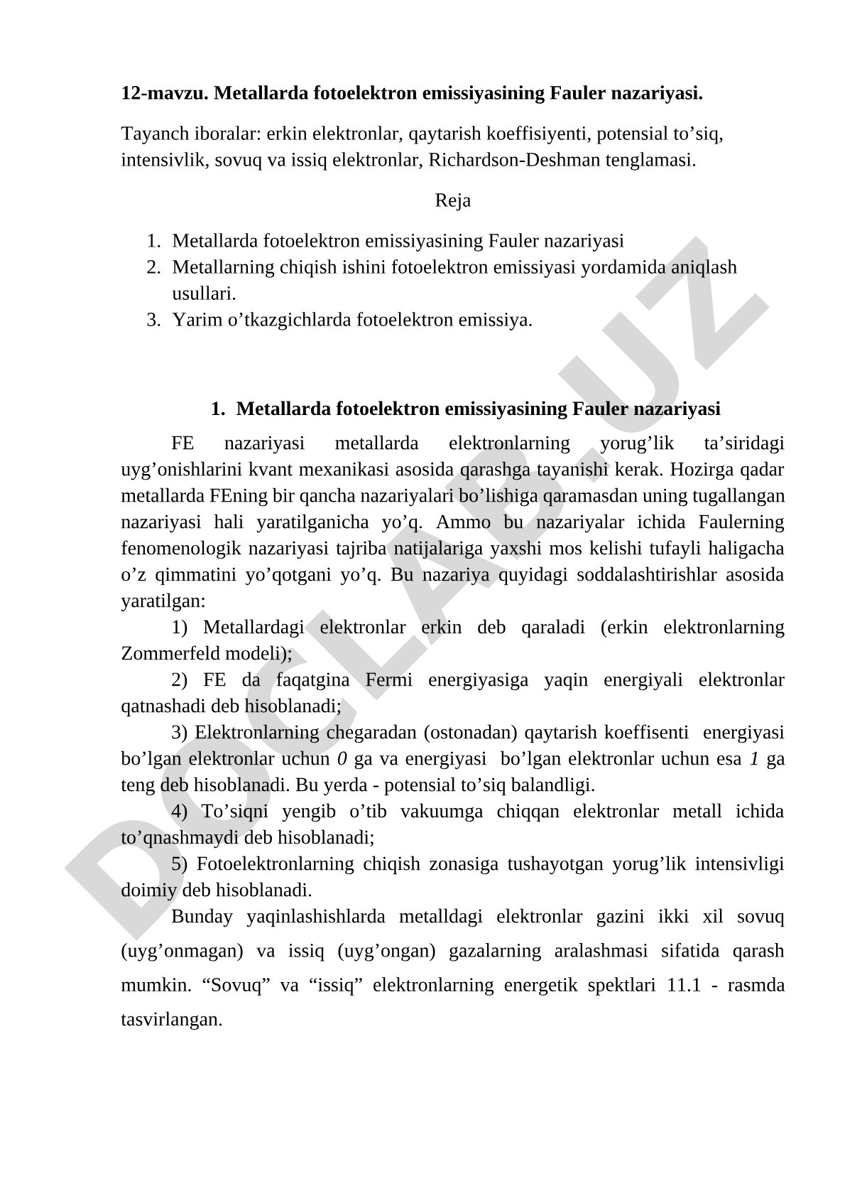 Metallarda fotoelektron emissiyasining Fauler nazariyasi